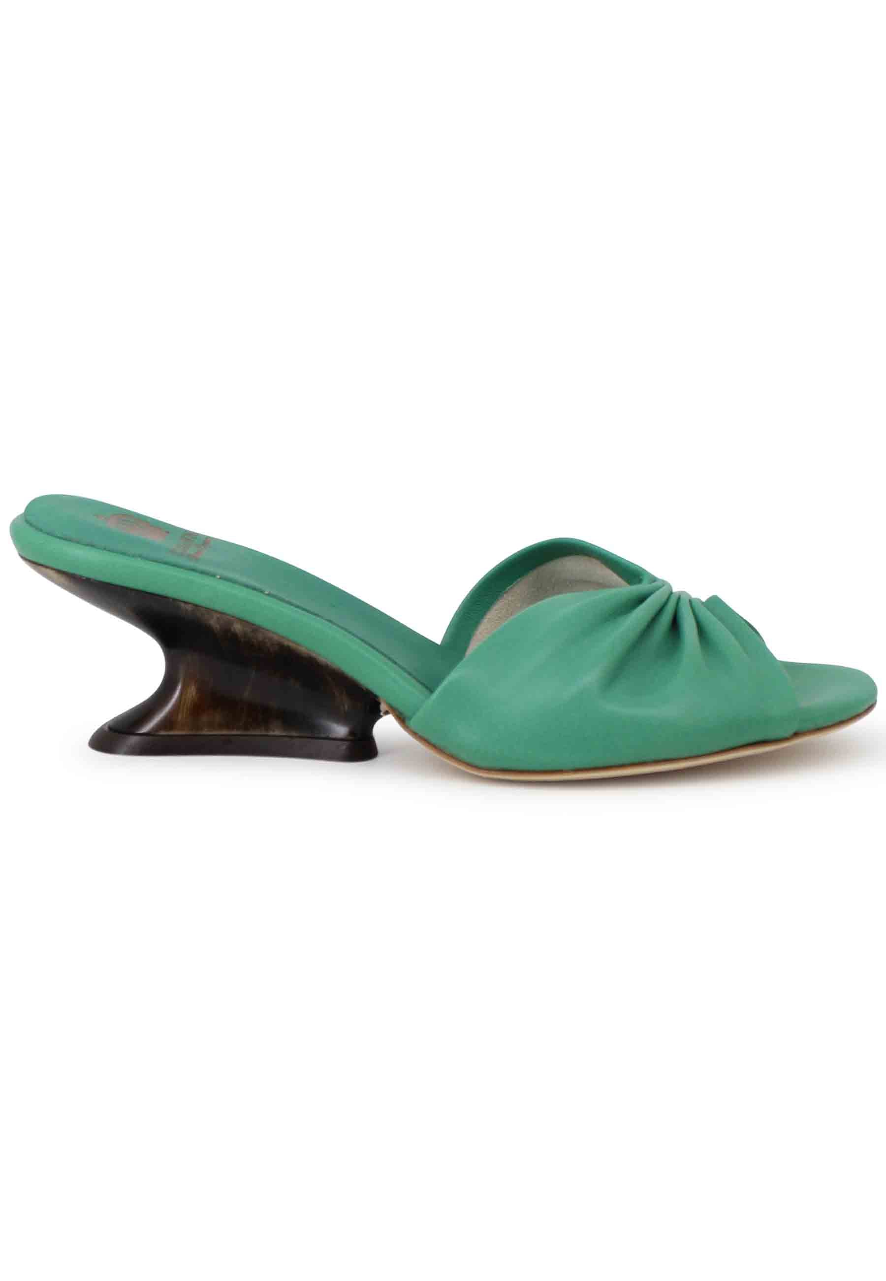 Women's green leather sandals with low wedge