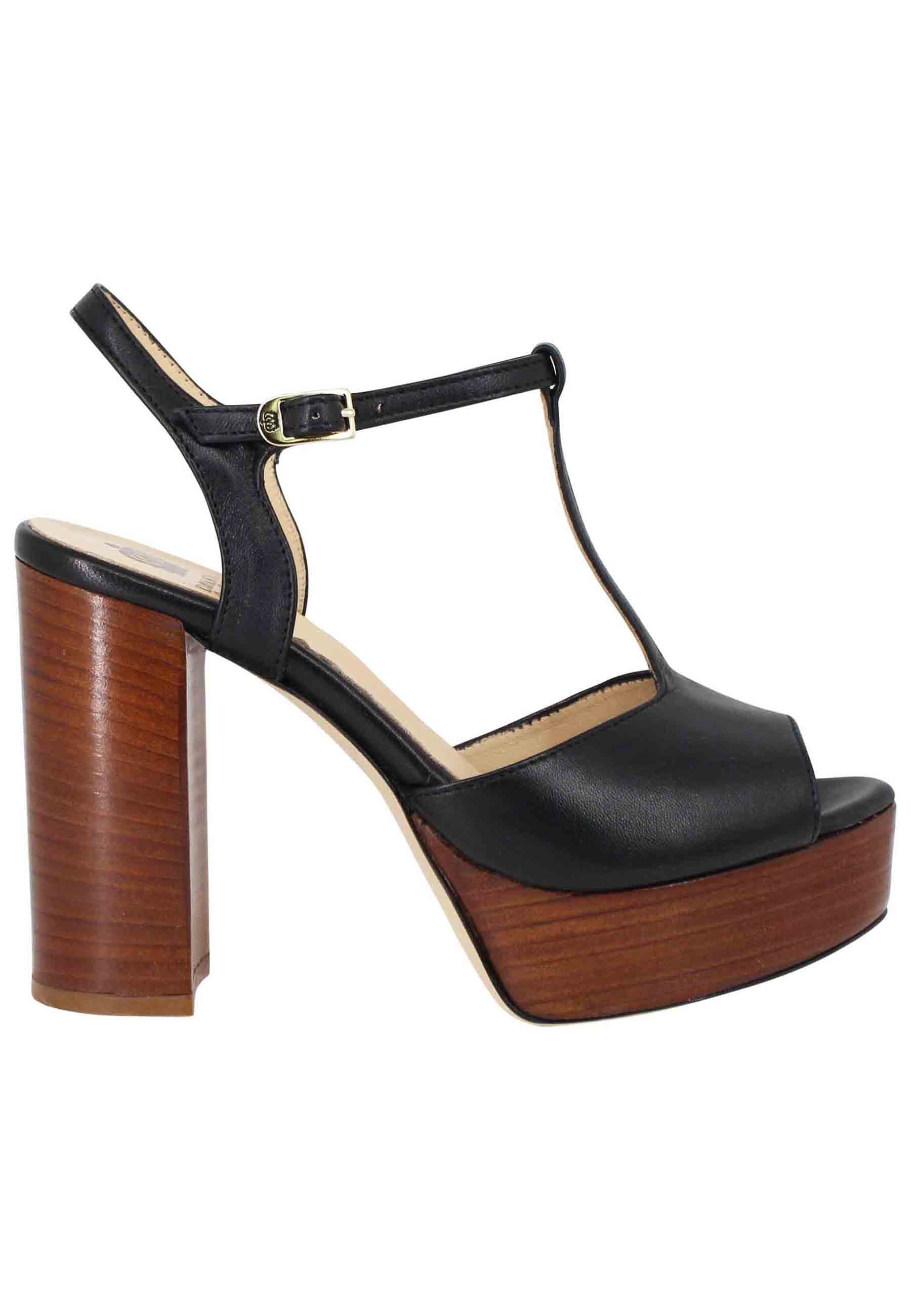 Women's black leather sandals with high heel strap and platform