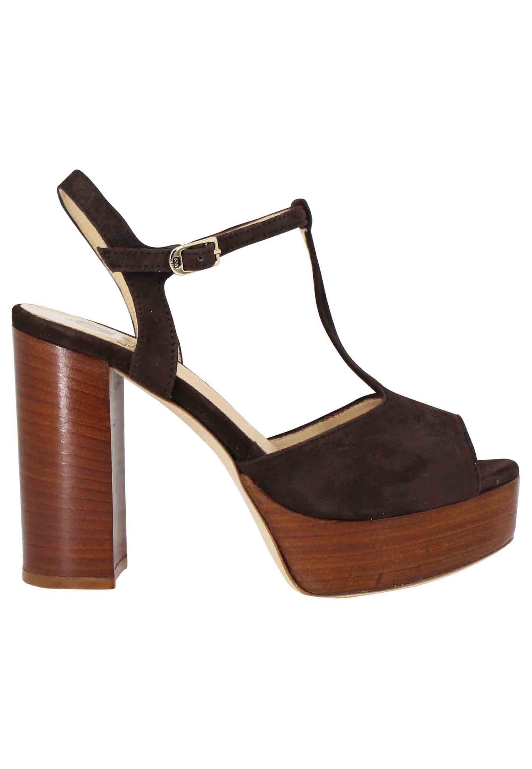 Women's sandals in dark brown suede with high heel strap and platform