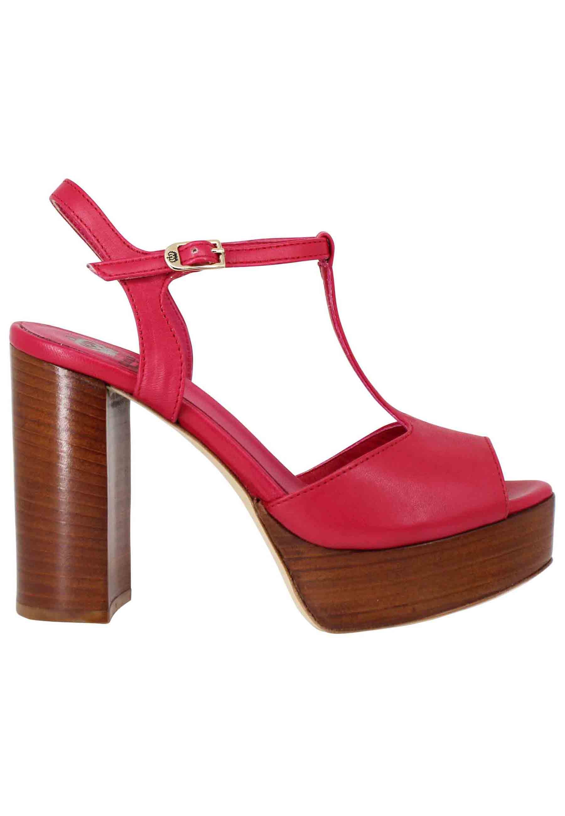Women's red leather sandals with high heel strap and platform