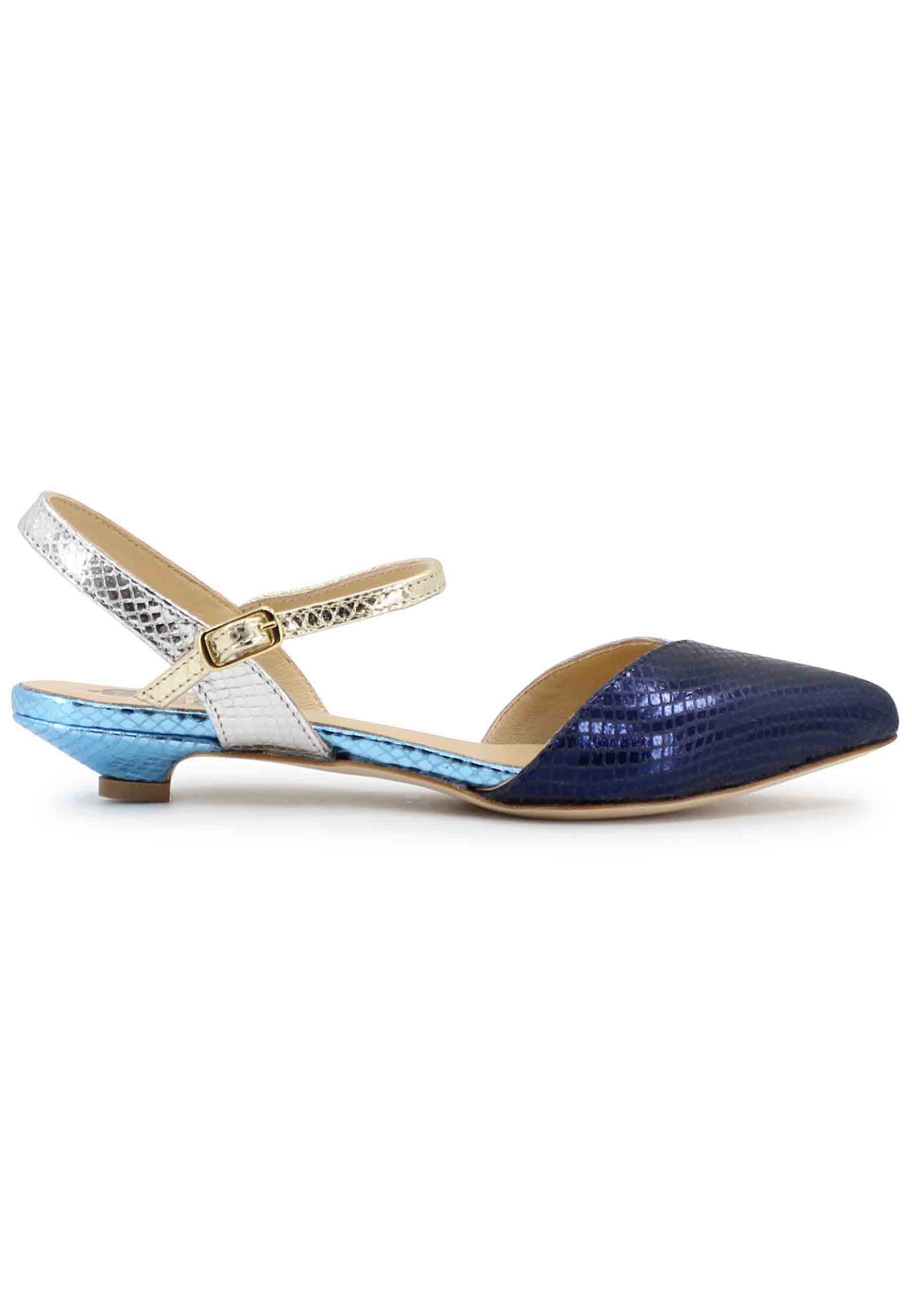 Women's flat sandals in blue laminated leather, closed toe with ankle strap
