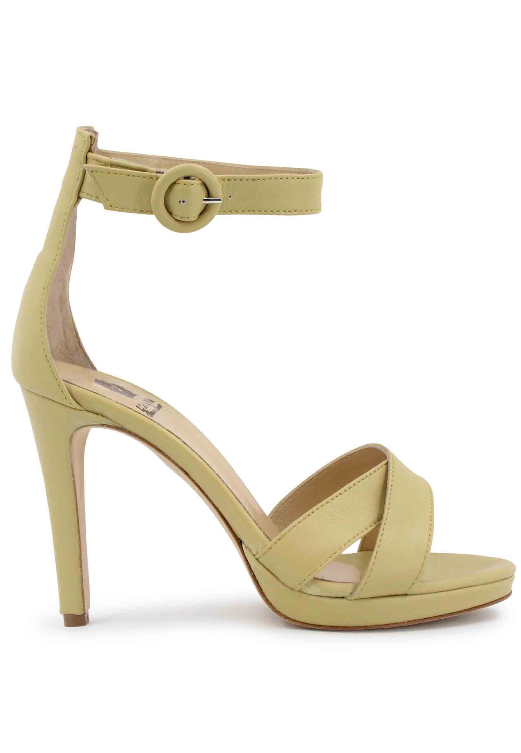 Women's green leather sandals with high heel and ankle strap