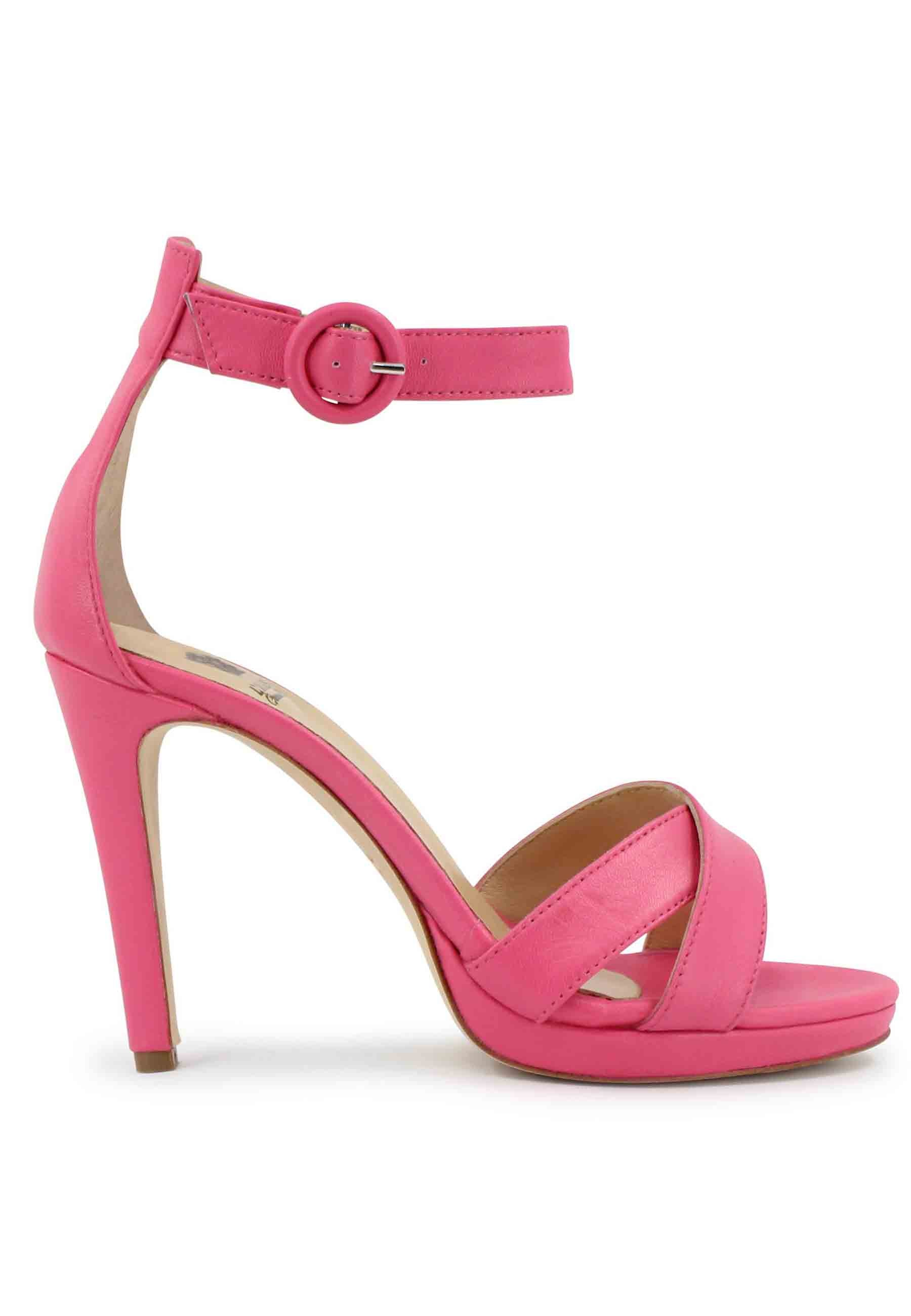 Women's pink leather sandals with high heel and ankle strap