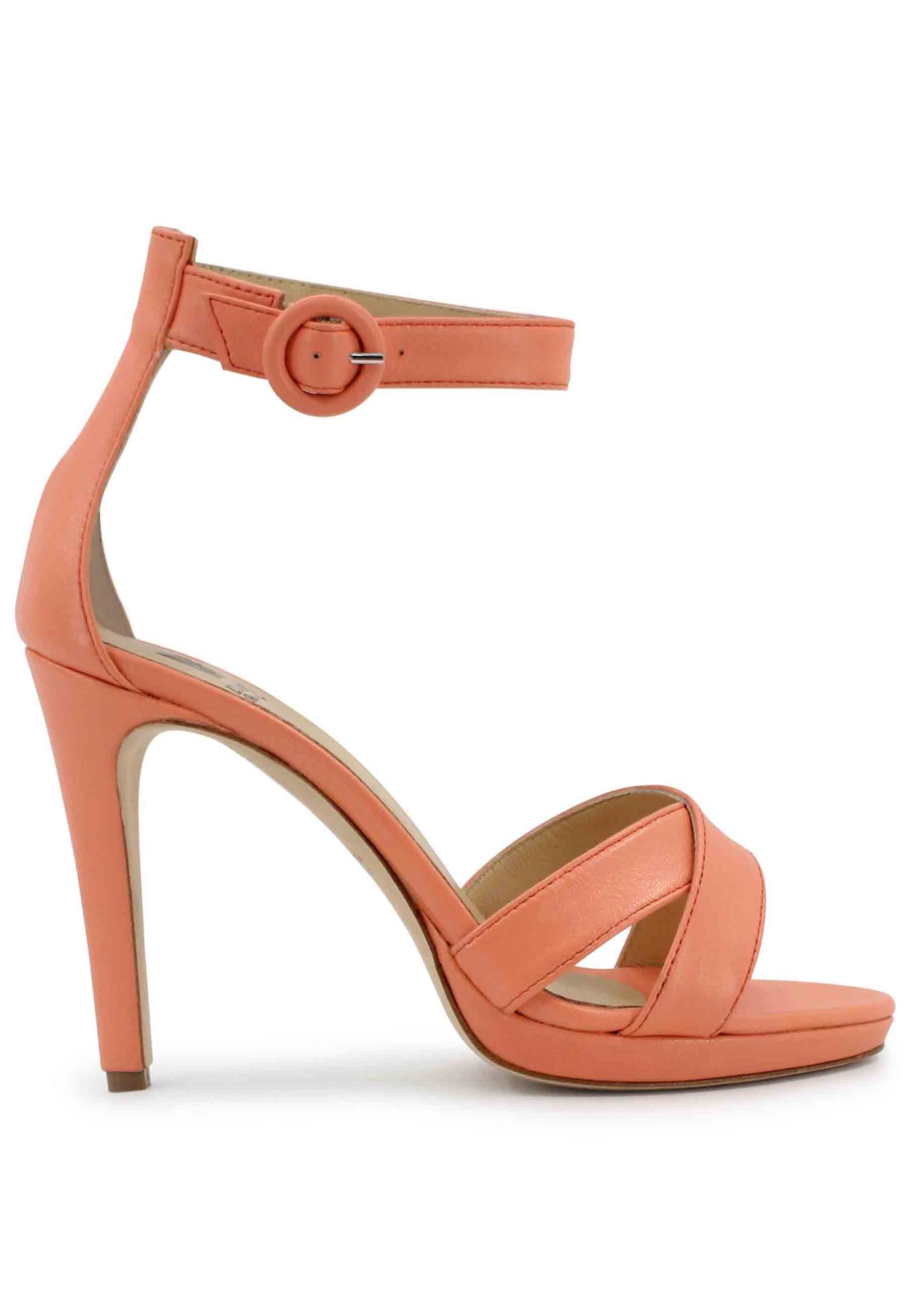 Women's salmon leather sandals with high heel and ankle strap