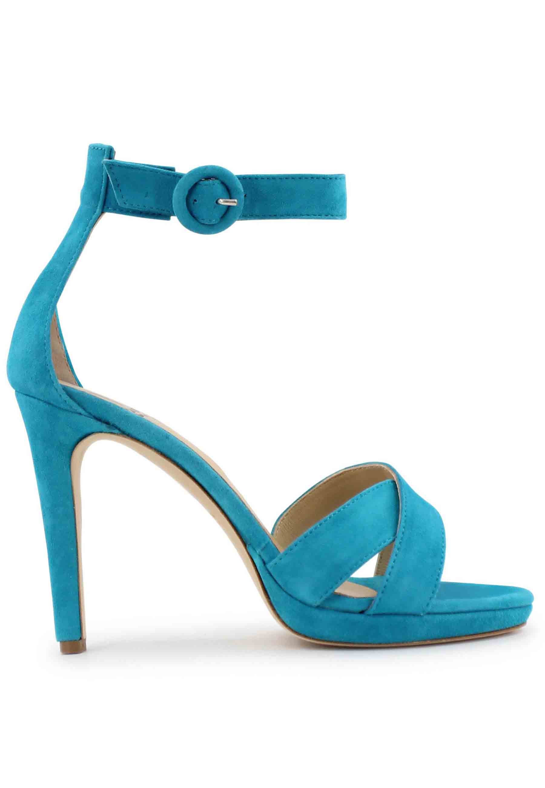 Women's sandals in light blue leather with high heel and ankle strap