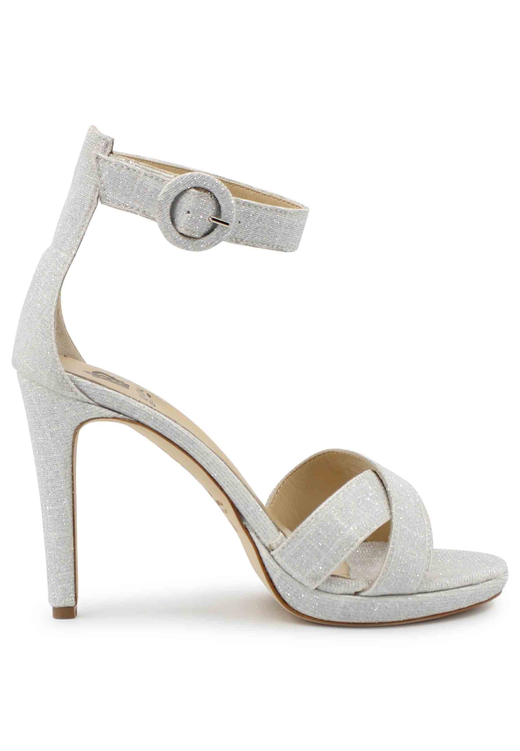 Women's sandals in off-white fabric with high heel and ankle strap