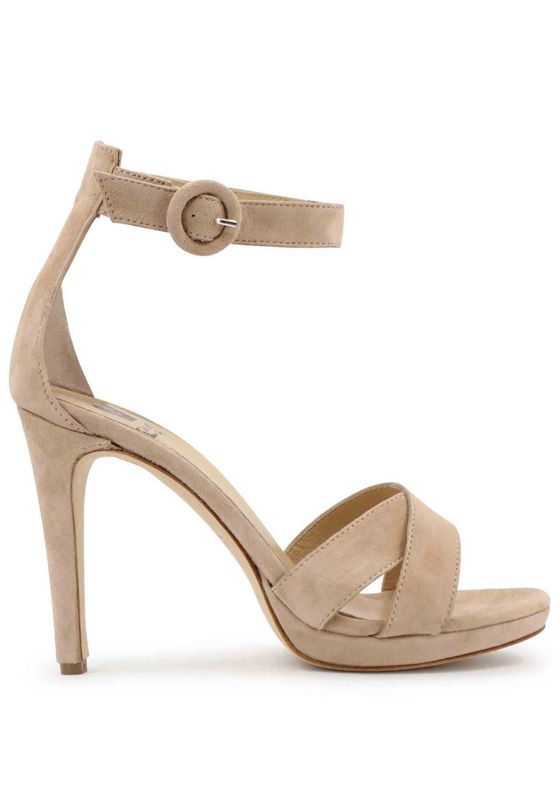 Women's nude suede sandals with high heel and ankle strap