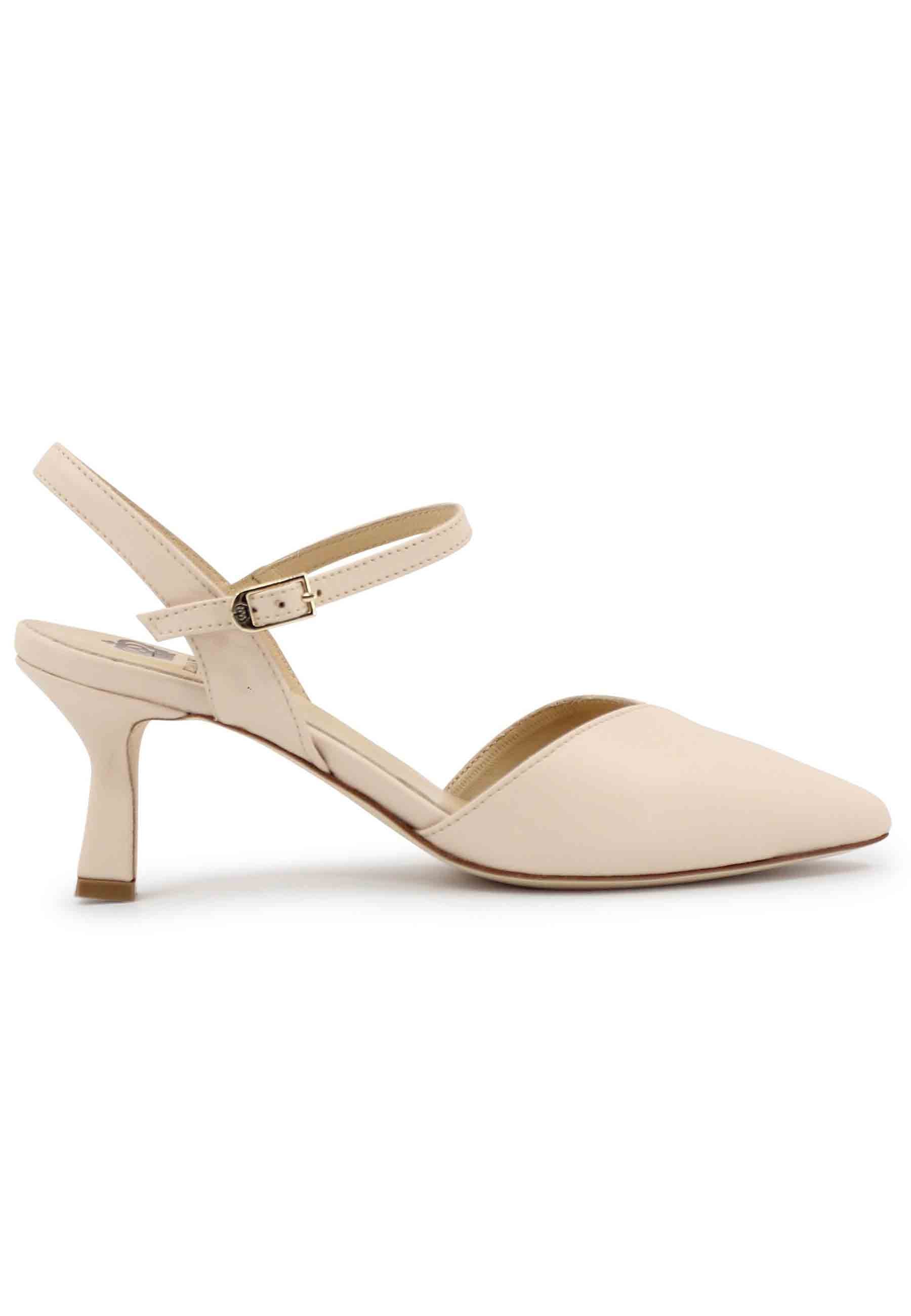 Women's beige leather sandals with ankle strap