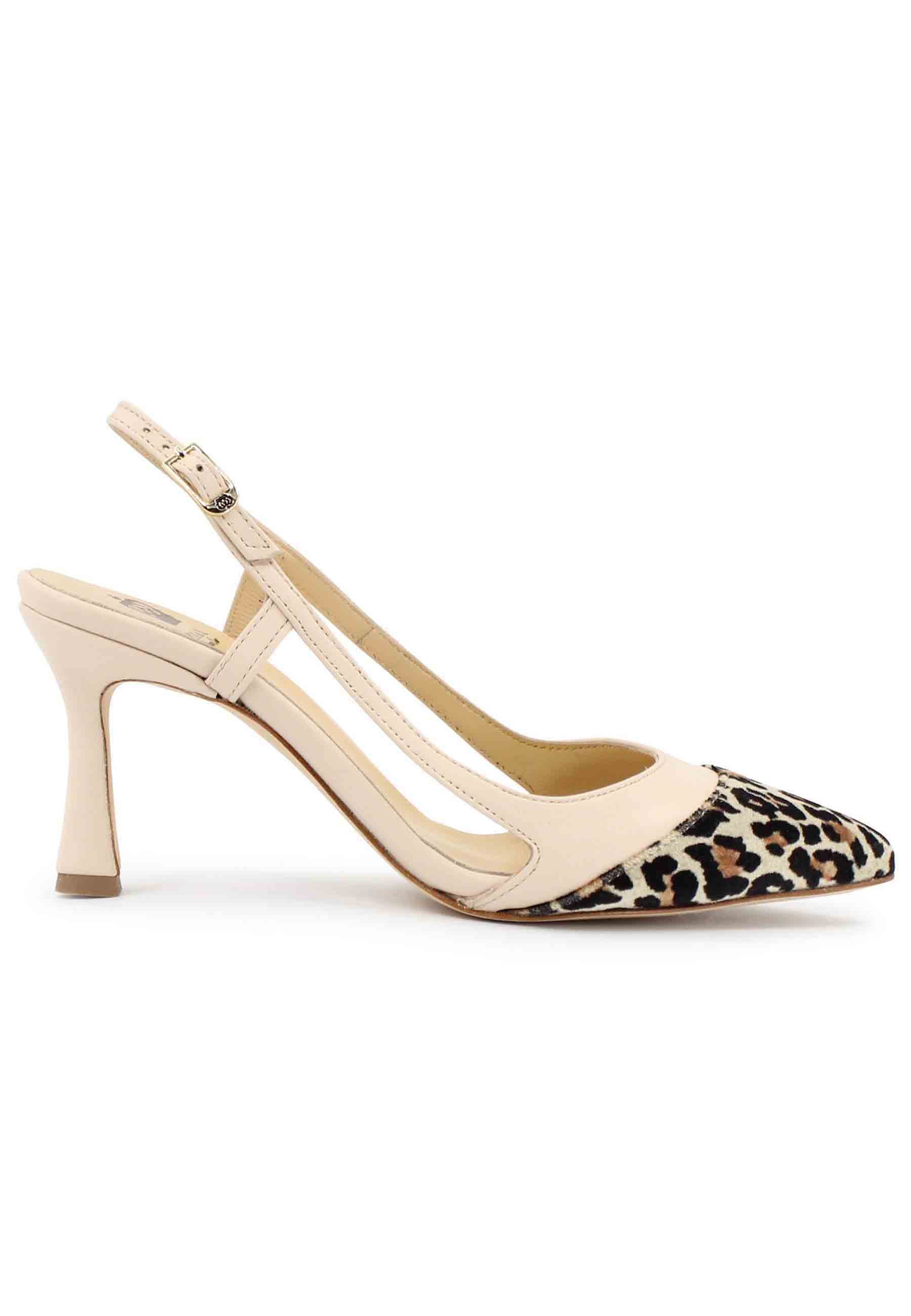 Women's slingback pumps in beige leather and high heel animalier fabric