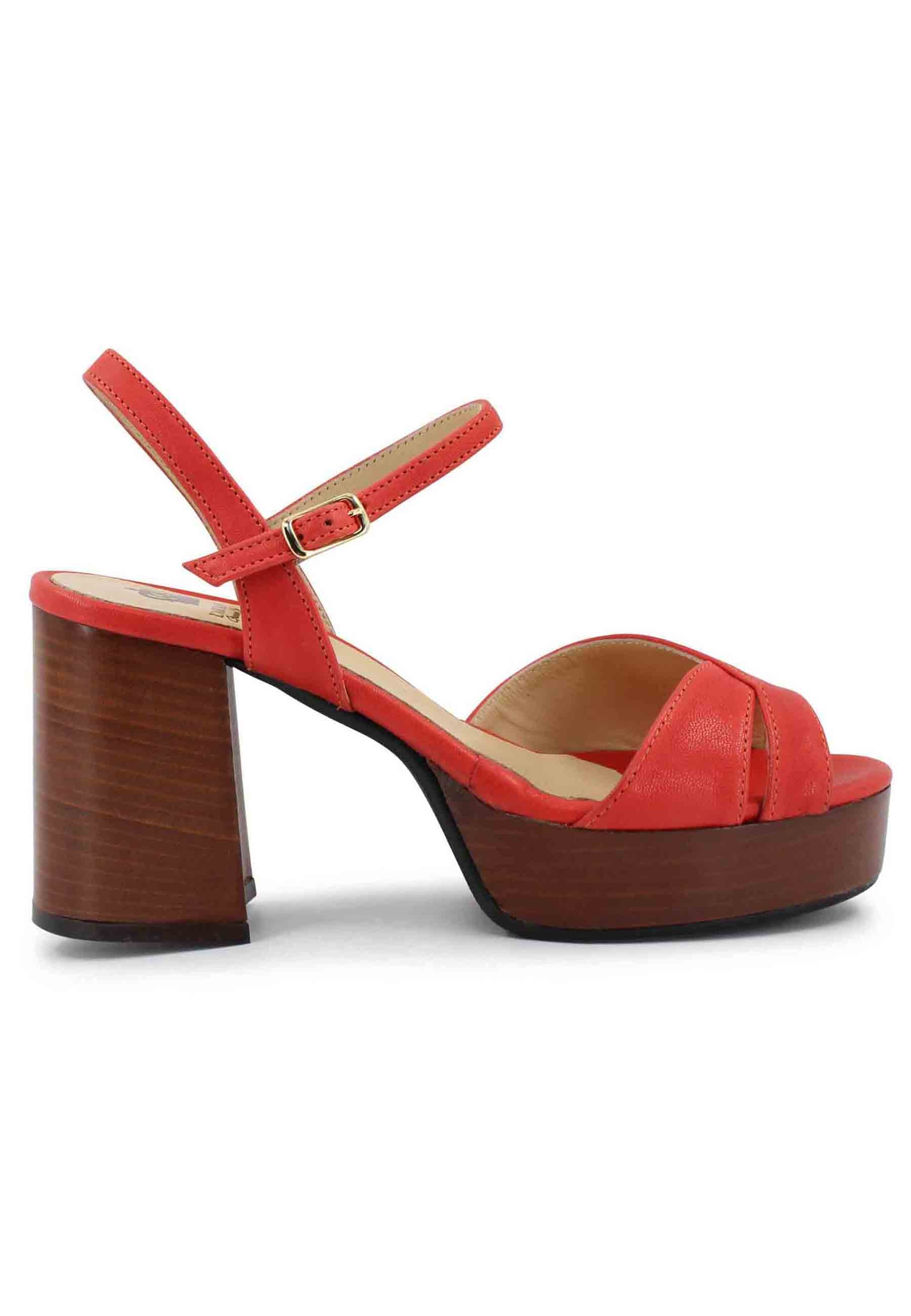 Women's red leather sandals with strap and leather heel and platform