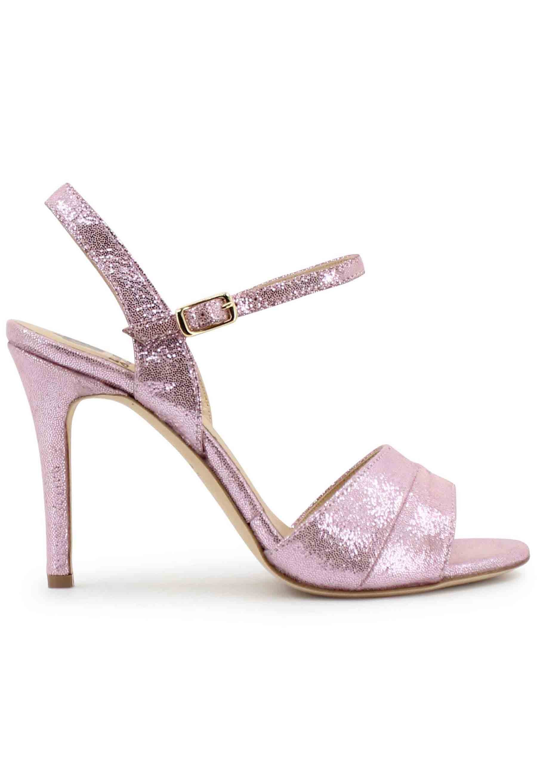Women's sandals in pink laminated leather with high heel and ankle strap