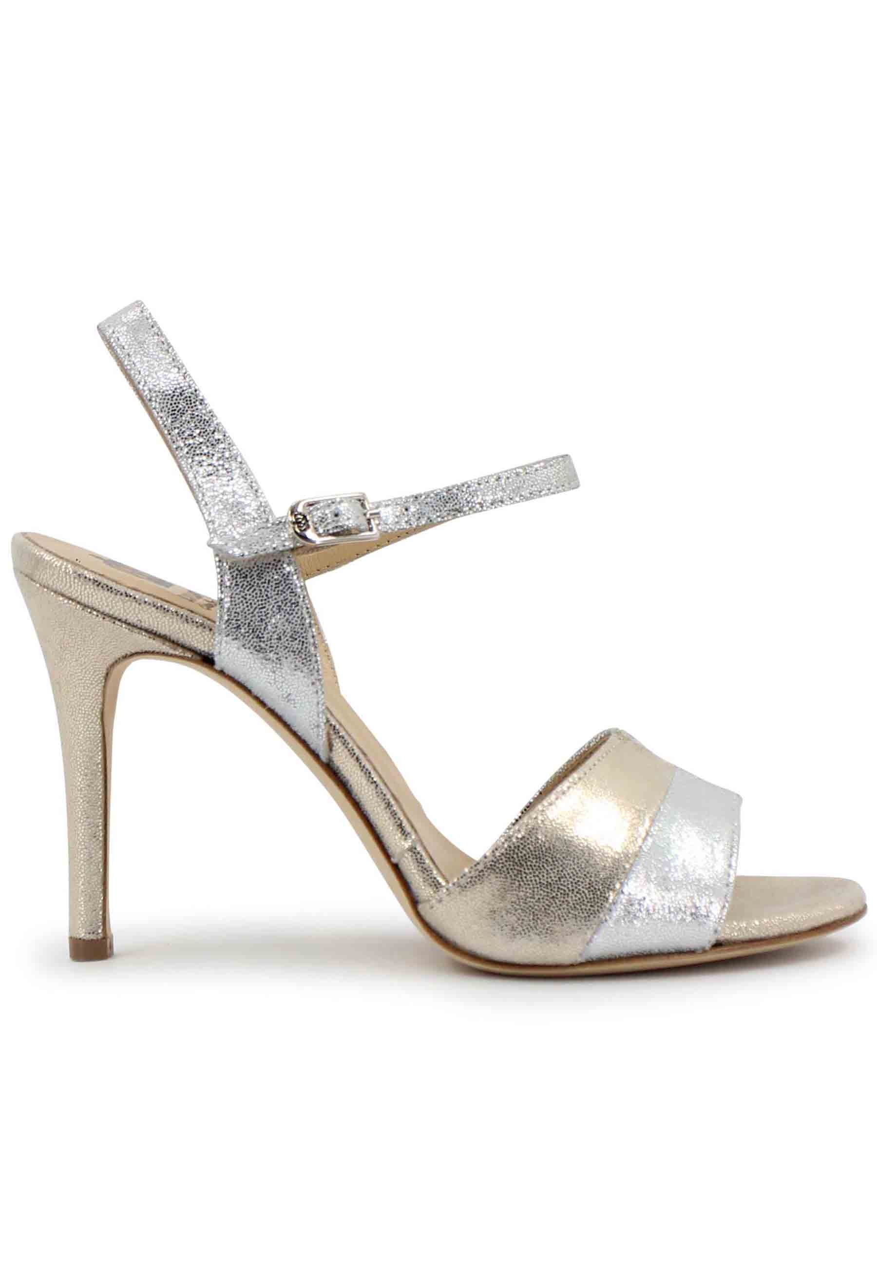 Women's sandals in silver laminated leather with high heel and ankle strap