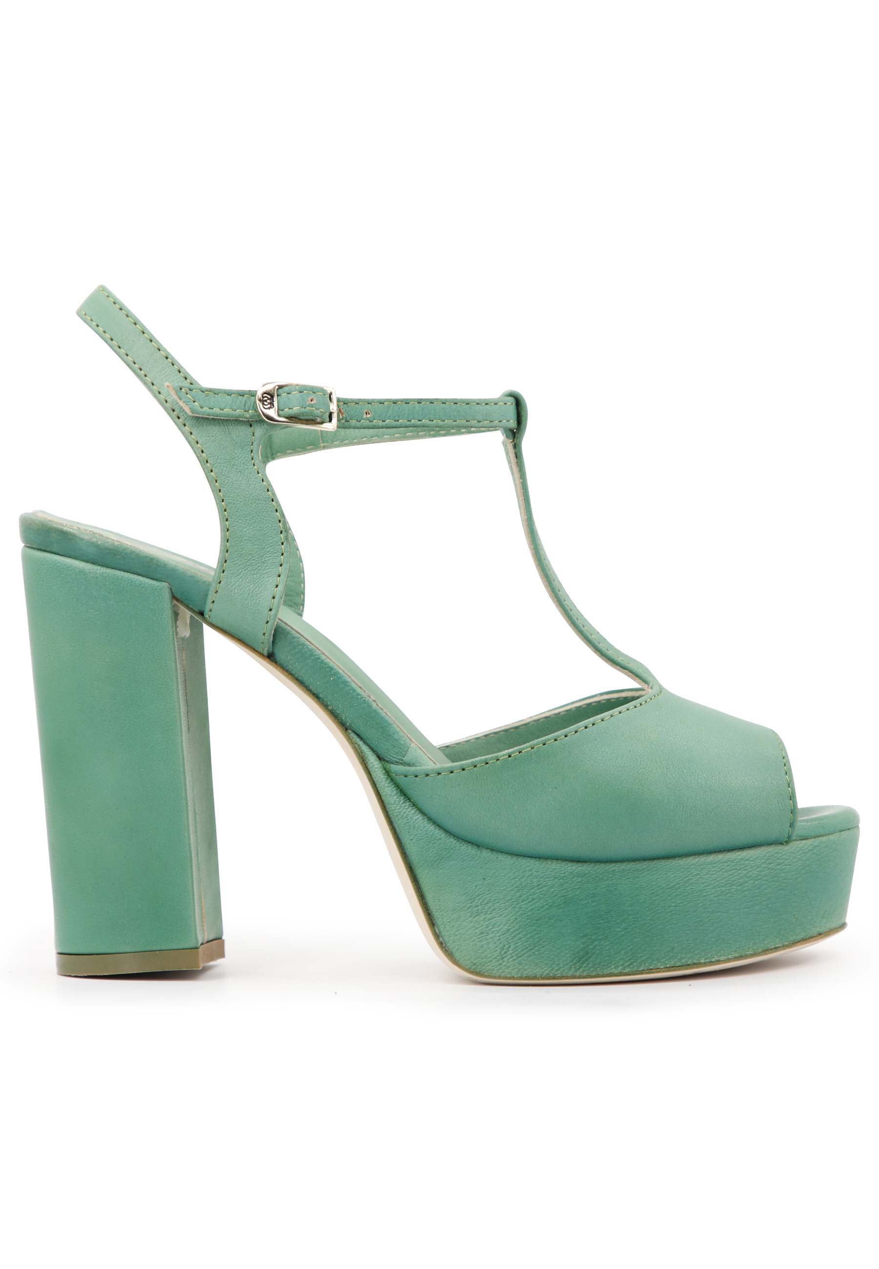 Women's green leather sandals with high heel strap and platform
