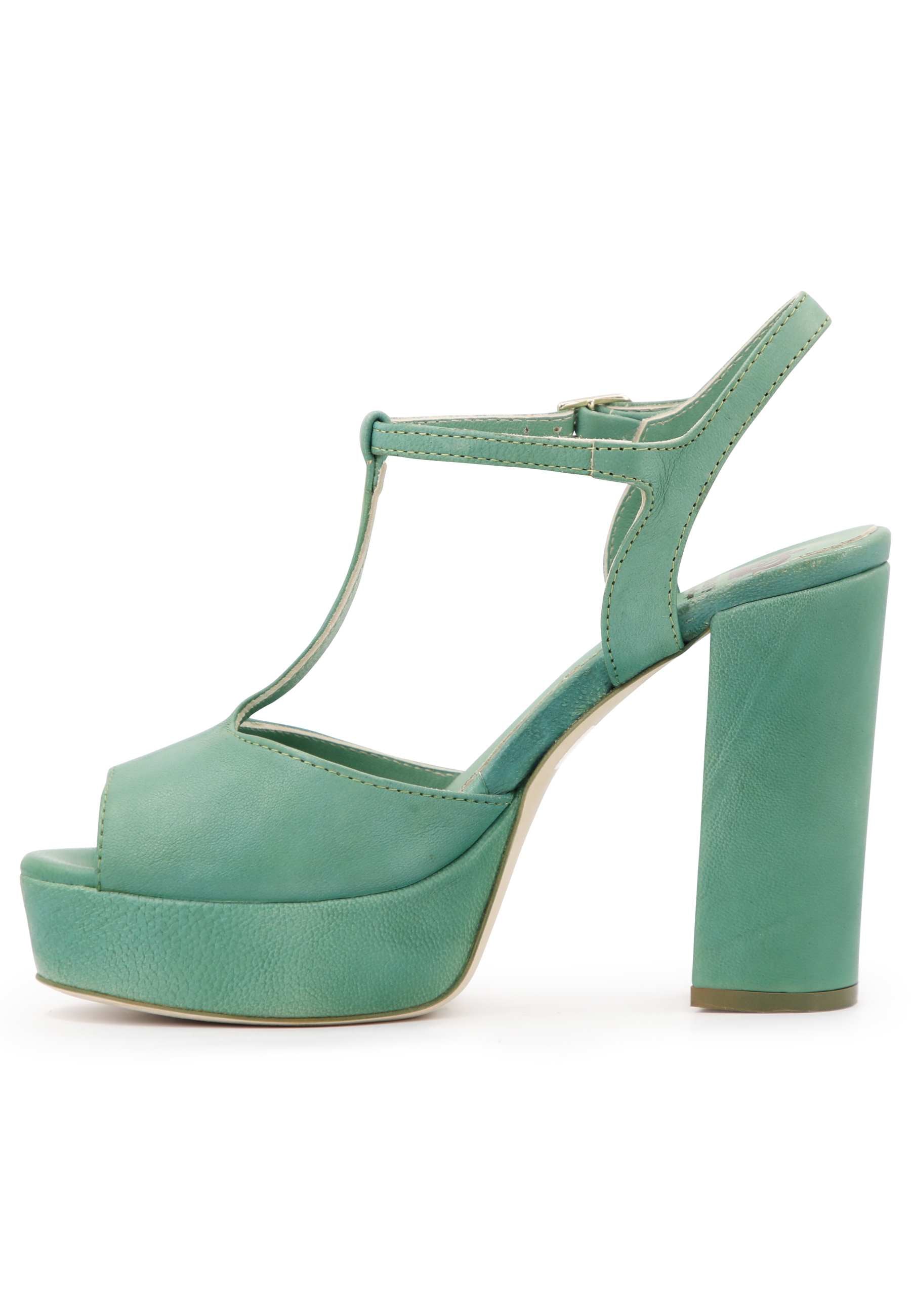 Women's green leather sandals with high heel strap and platform