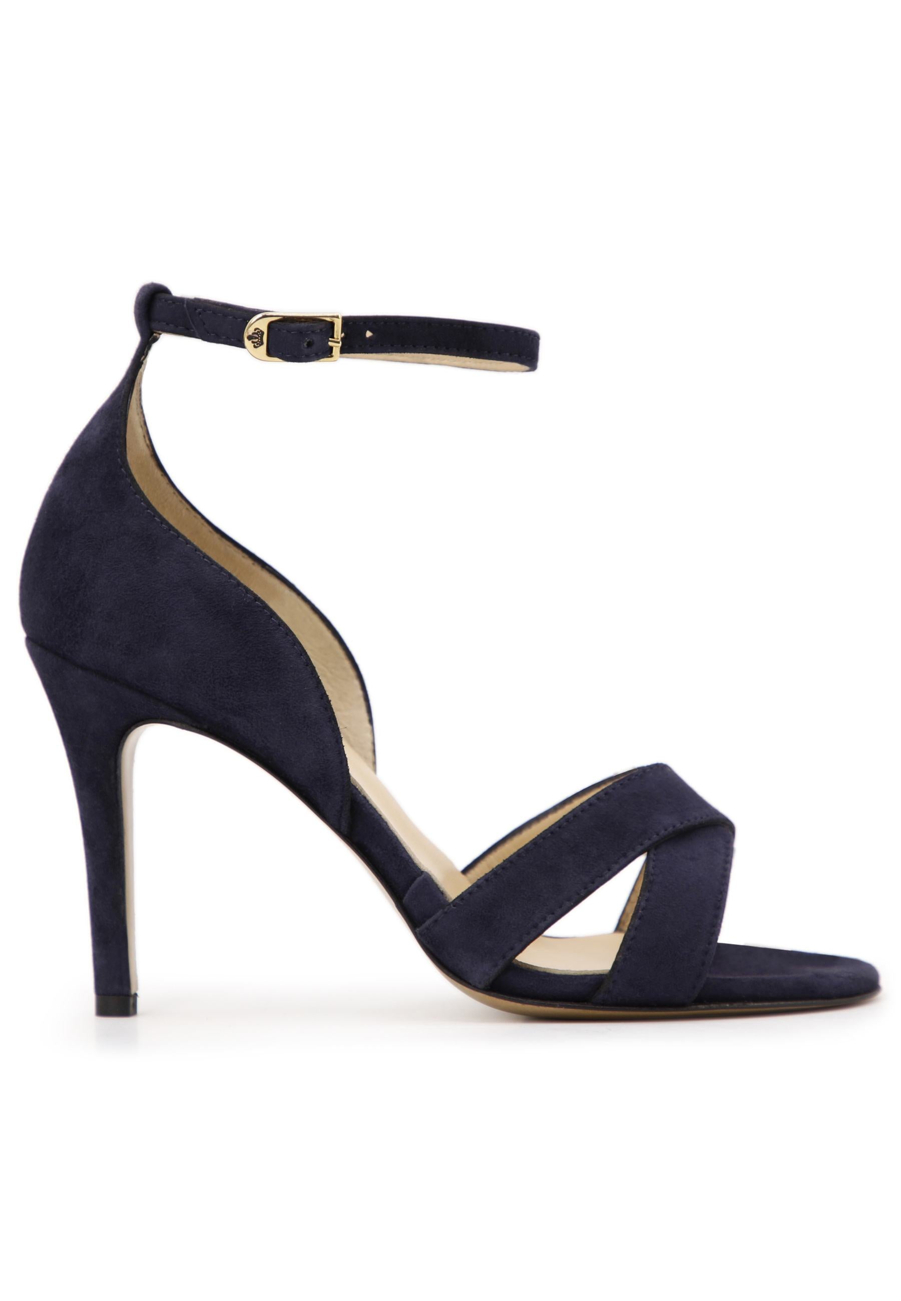 Women's blue suede sandals with high heel and ankle strap