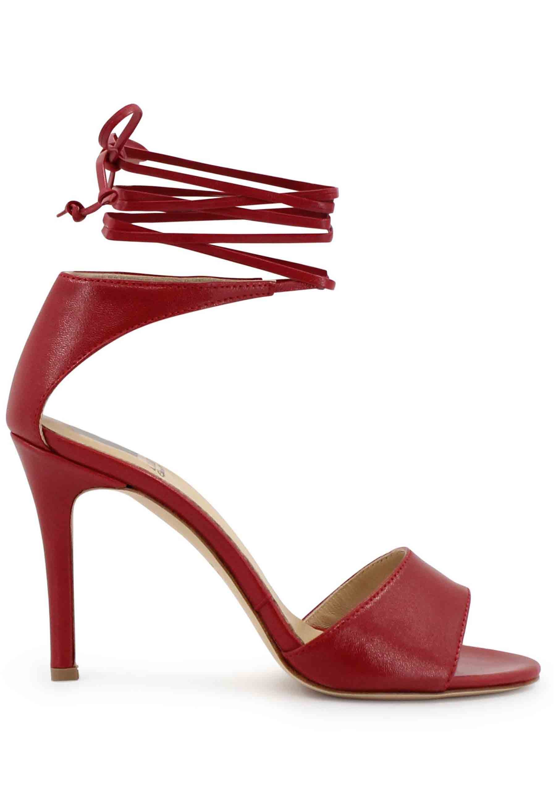 Women's red leather high heel sandals with ankle straps
