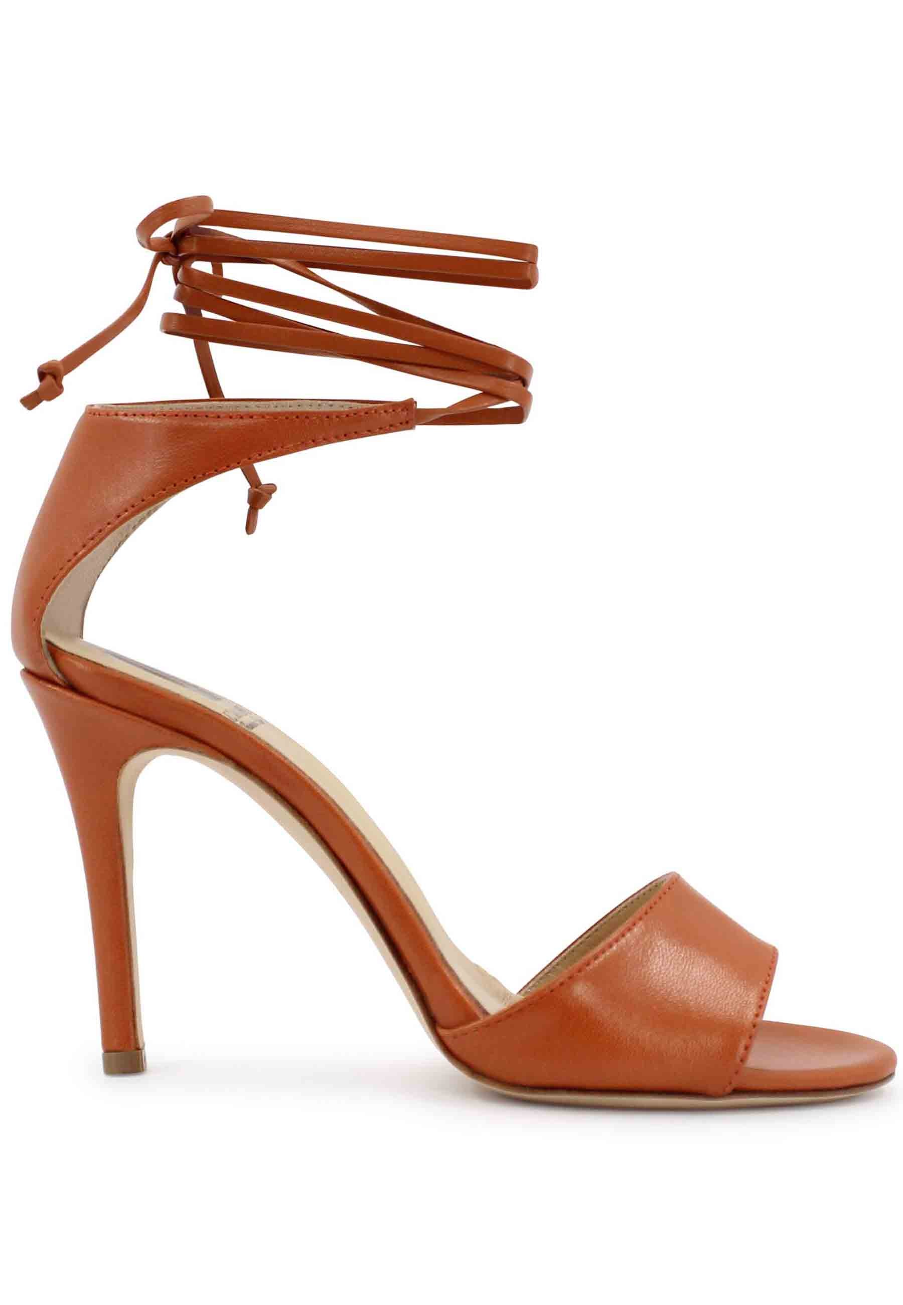 Women's high heel brick leather sandals with high heel and ankle straps