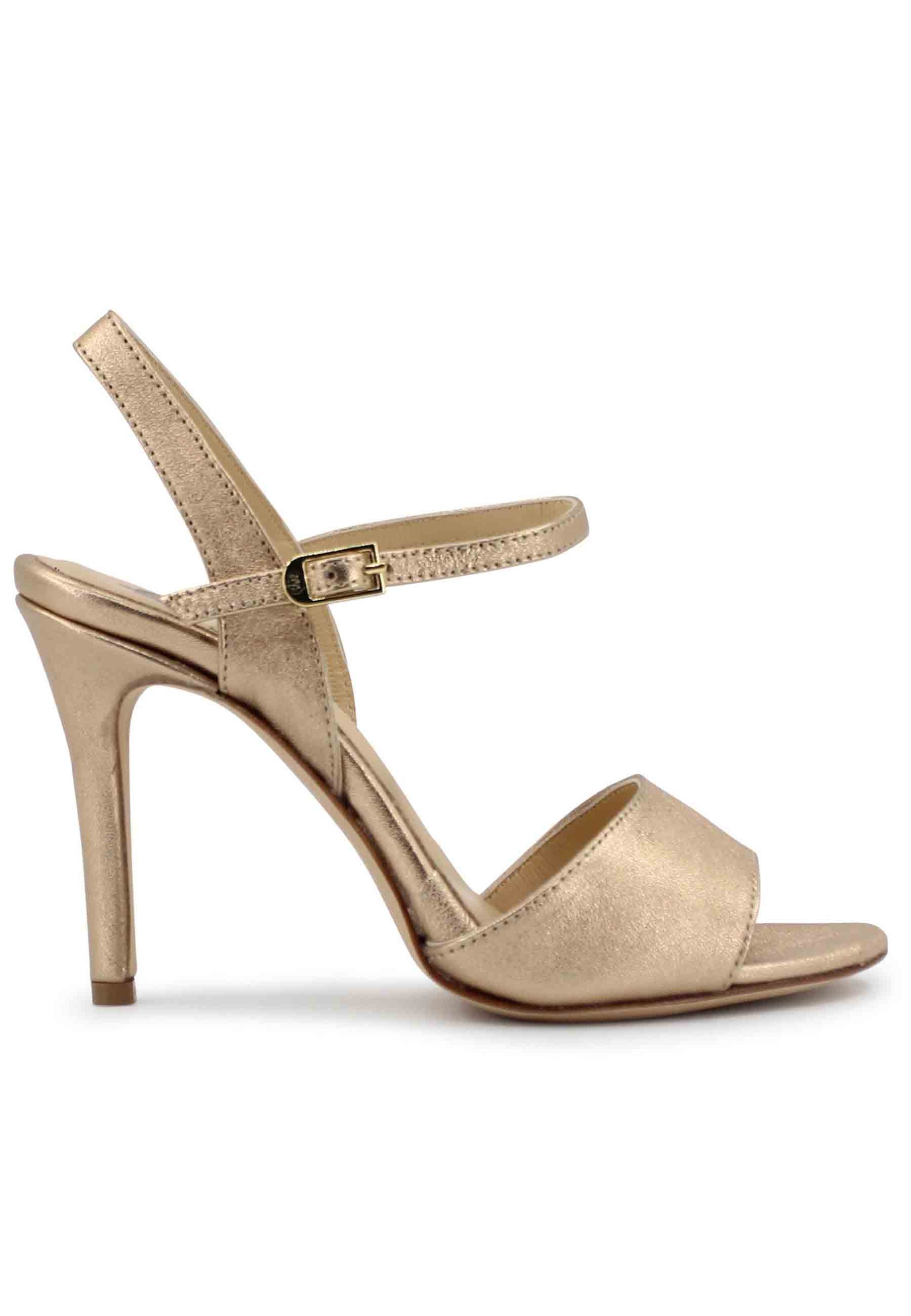 Women's sandals in nude laminated leather with high heel and ankle strap