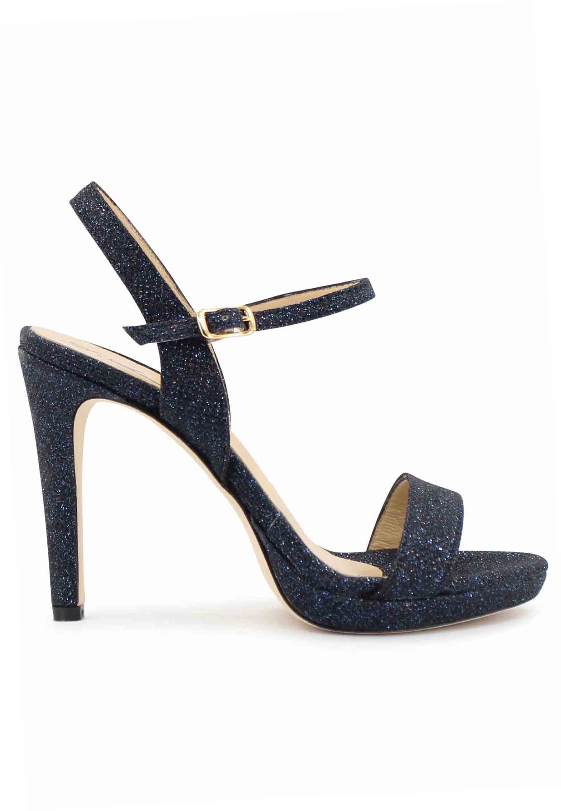 Women's blue glitter sandals with high heel and ankle strap