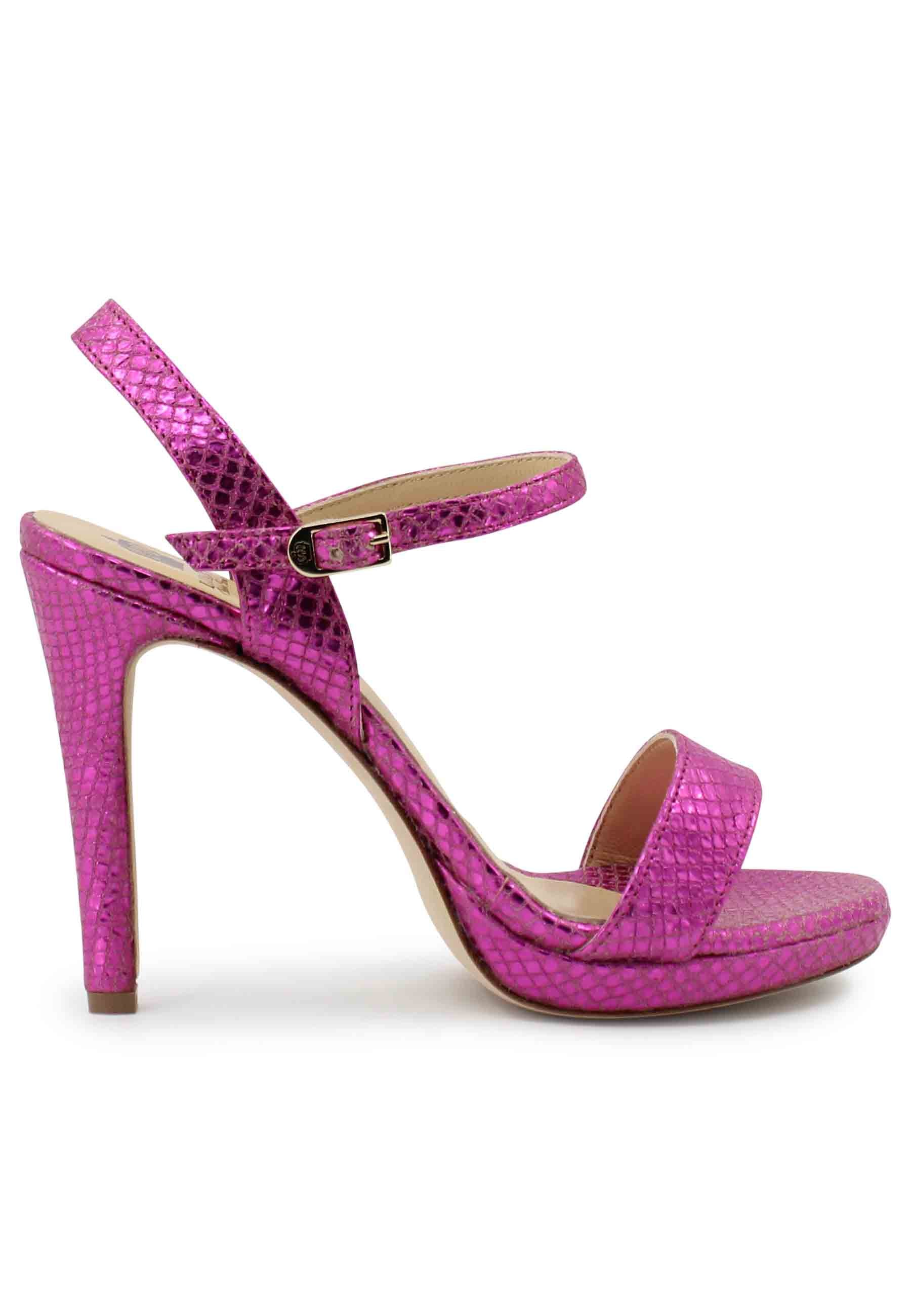 Women's sandals in snake-effect fuchsia laminated leather with high heel and ankle strap