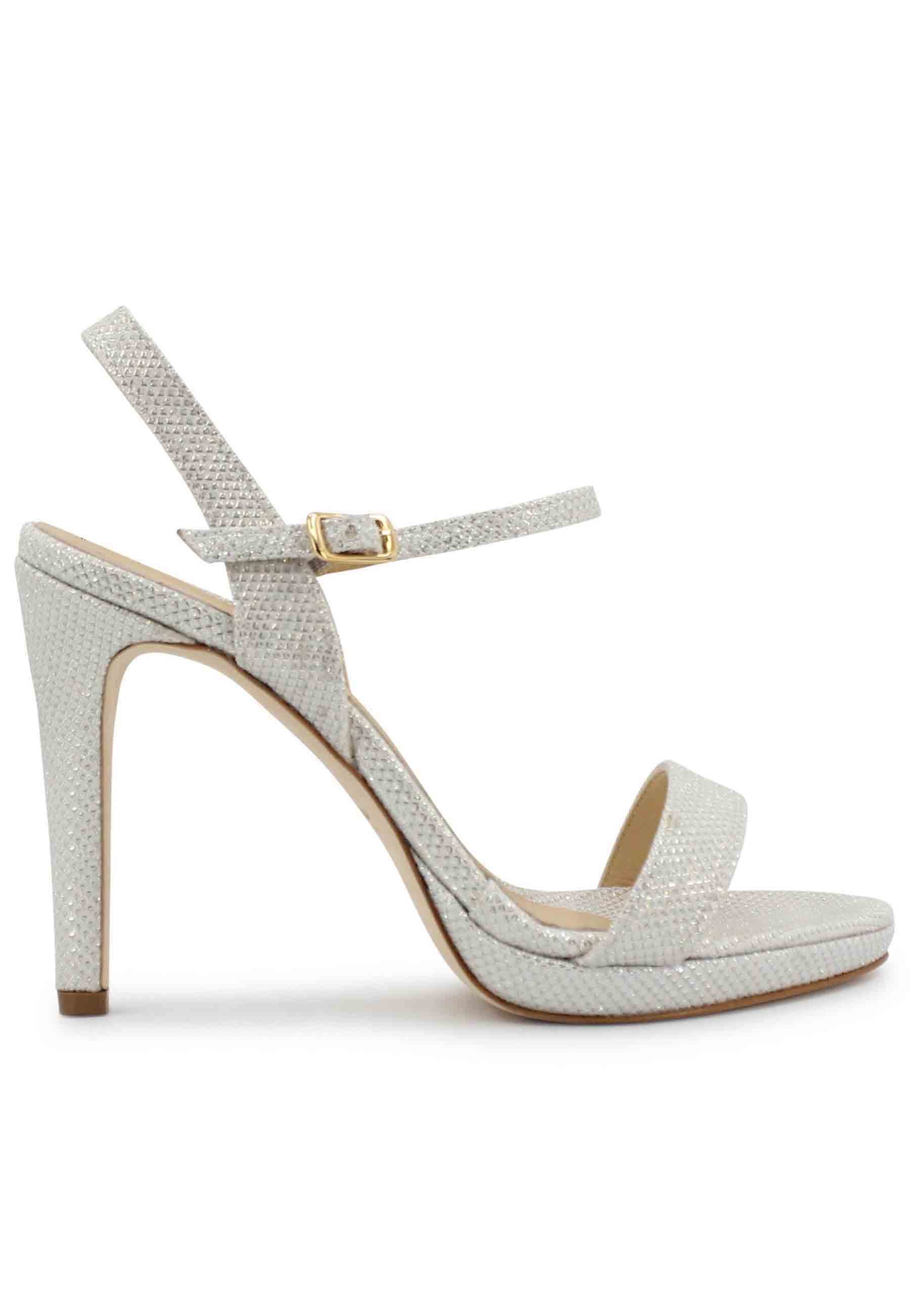 Women's white glitter sandals with high heel and ankle strap