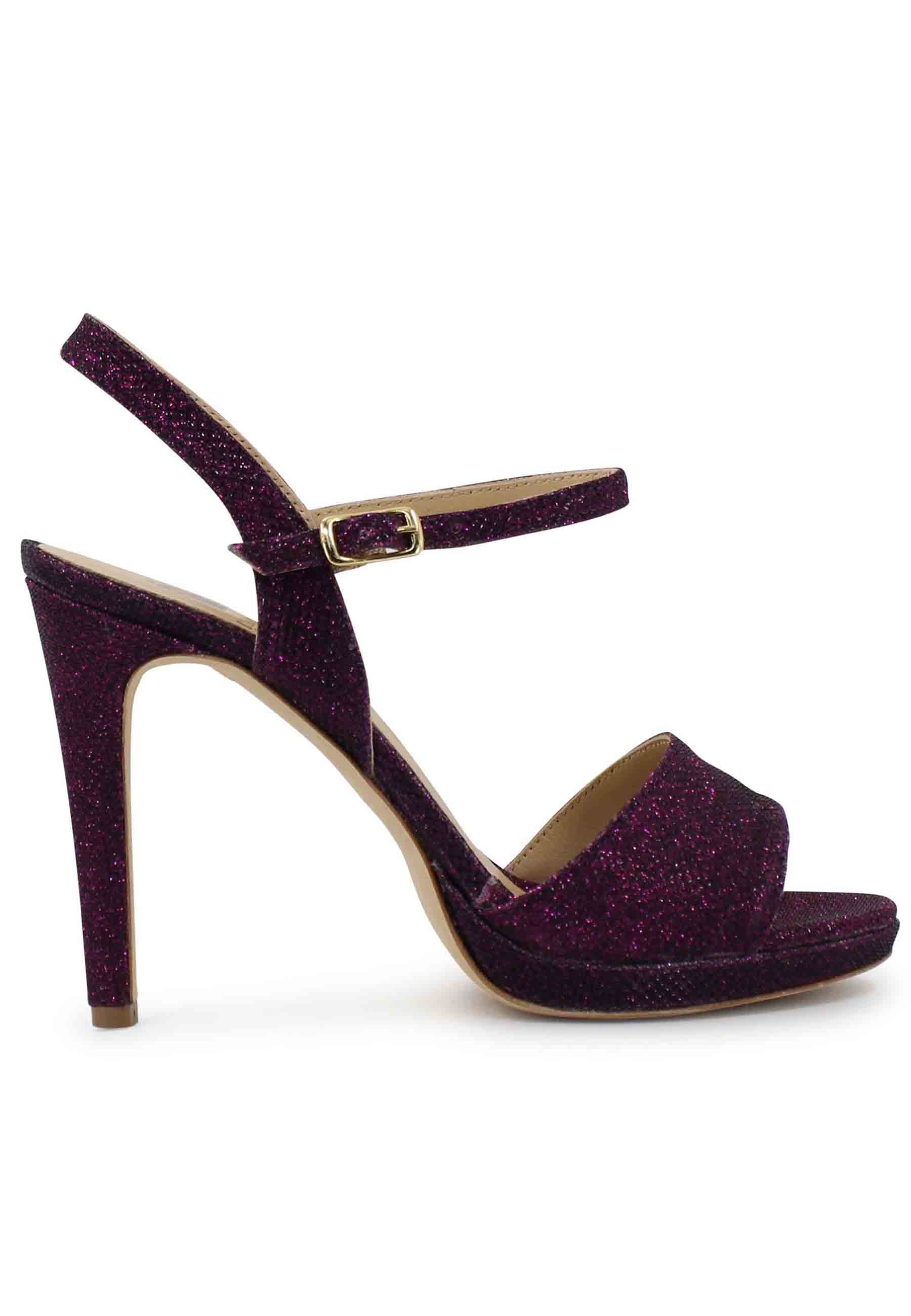 Women's purple glitter sandals with high stiletto heel