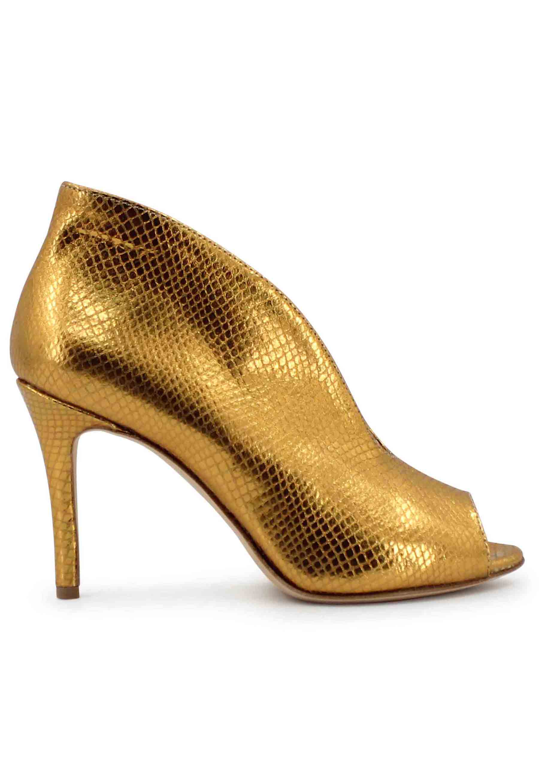 Women's open toe ankle boots in gold laminated leather with high heel