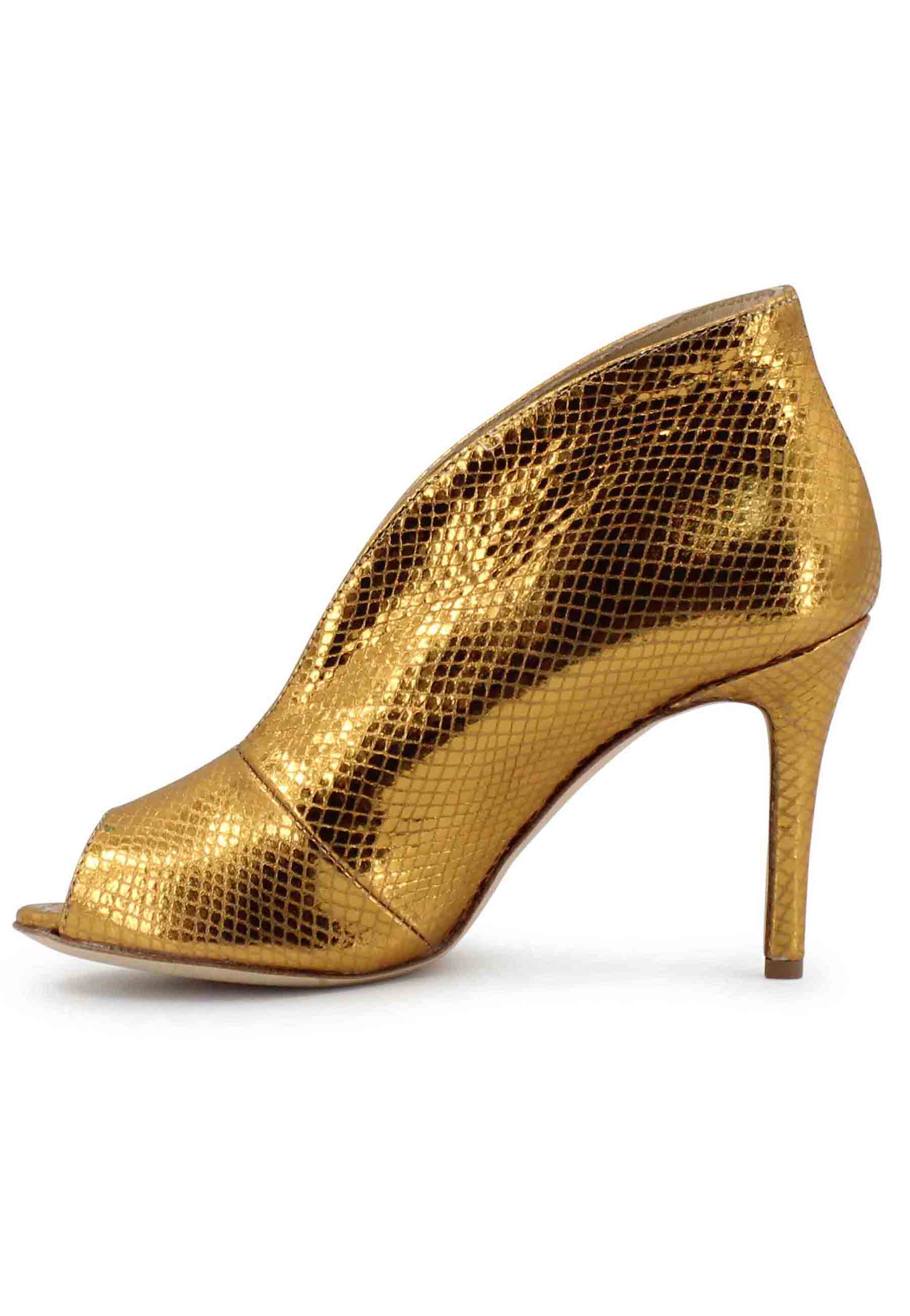 Women's open toe ankle boots in gold laminated leather with high heel