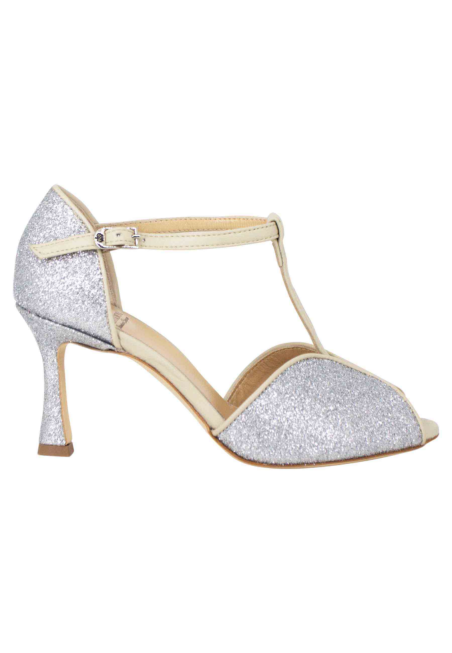 Women's silver glitter and leather sandals with high heel