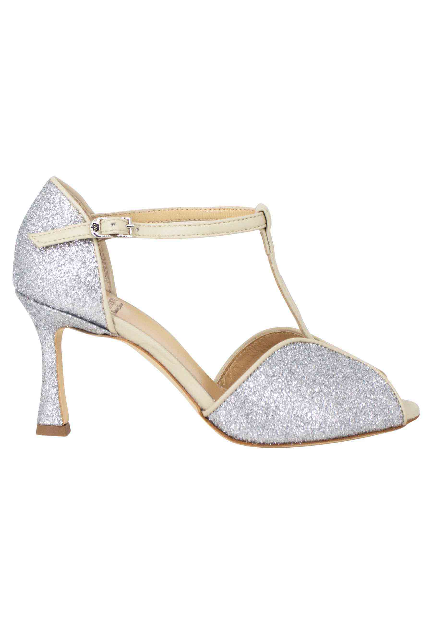 Spatarella Sandali donna in glitter e pelle argento con tacco alto