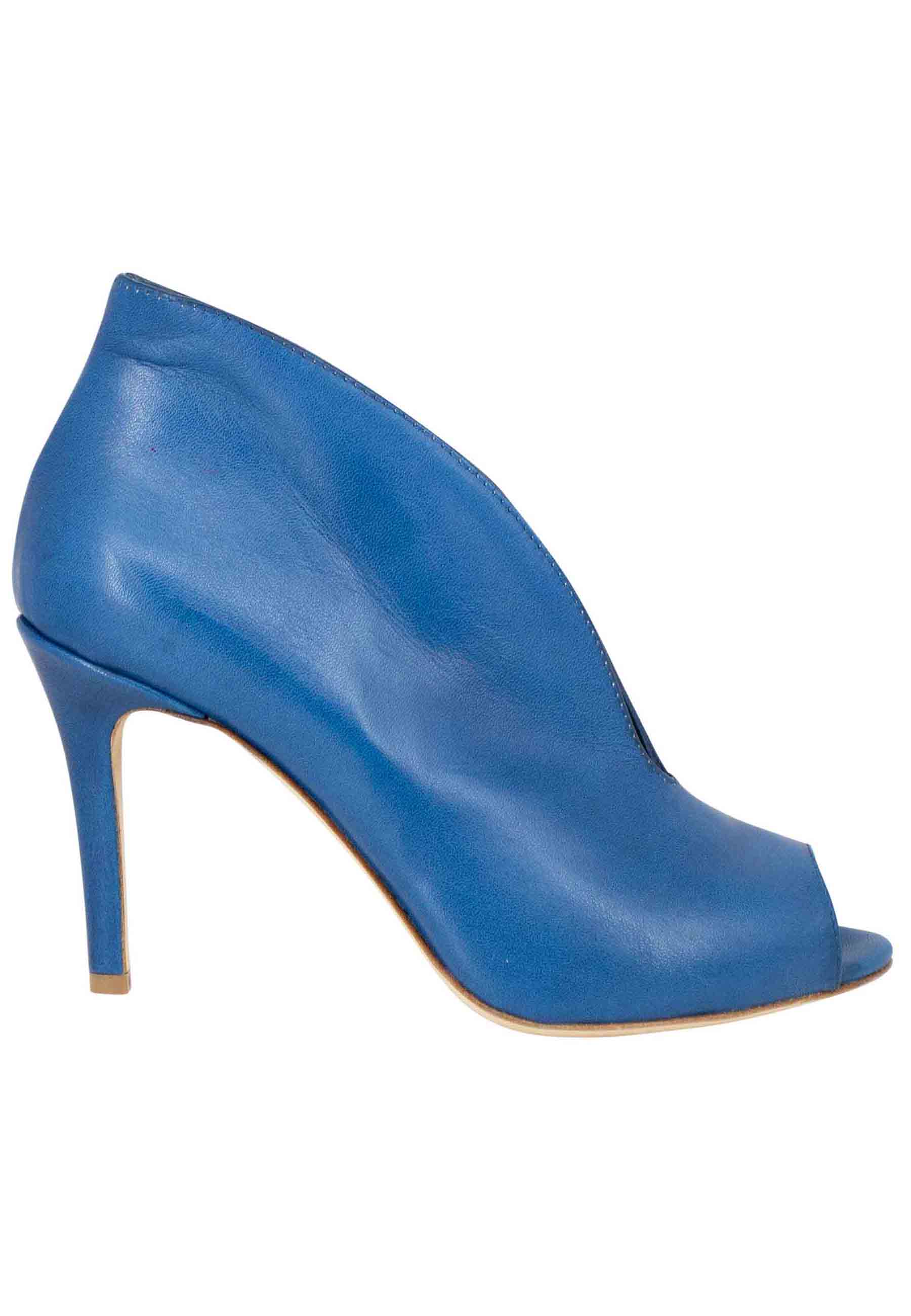 Stivaletti open toe donna in pelle blu denim tacco alto