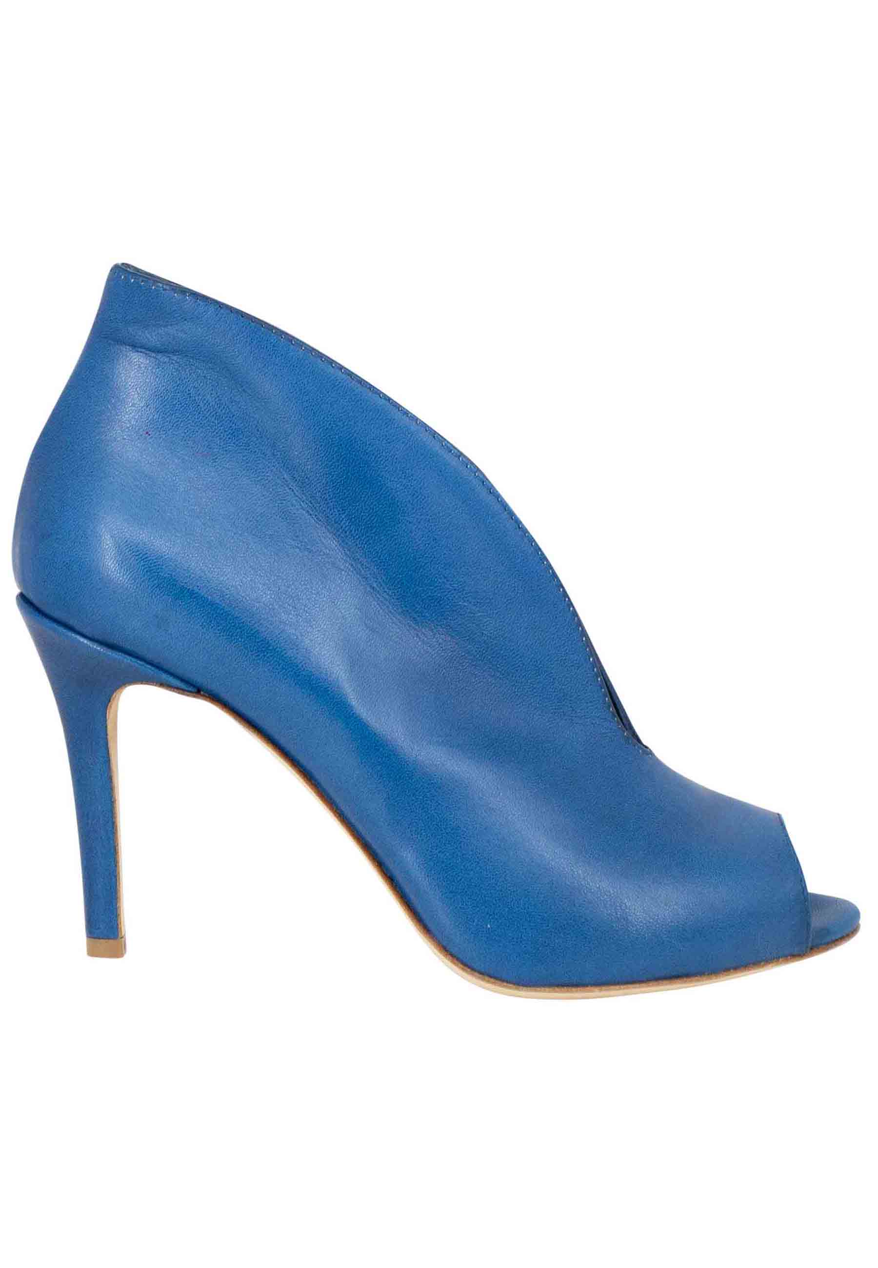 Women's open toe ankle boots in denim blue leather with high heel
