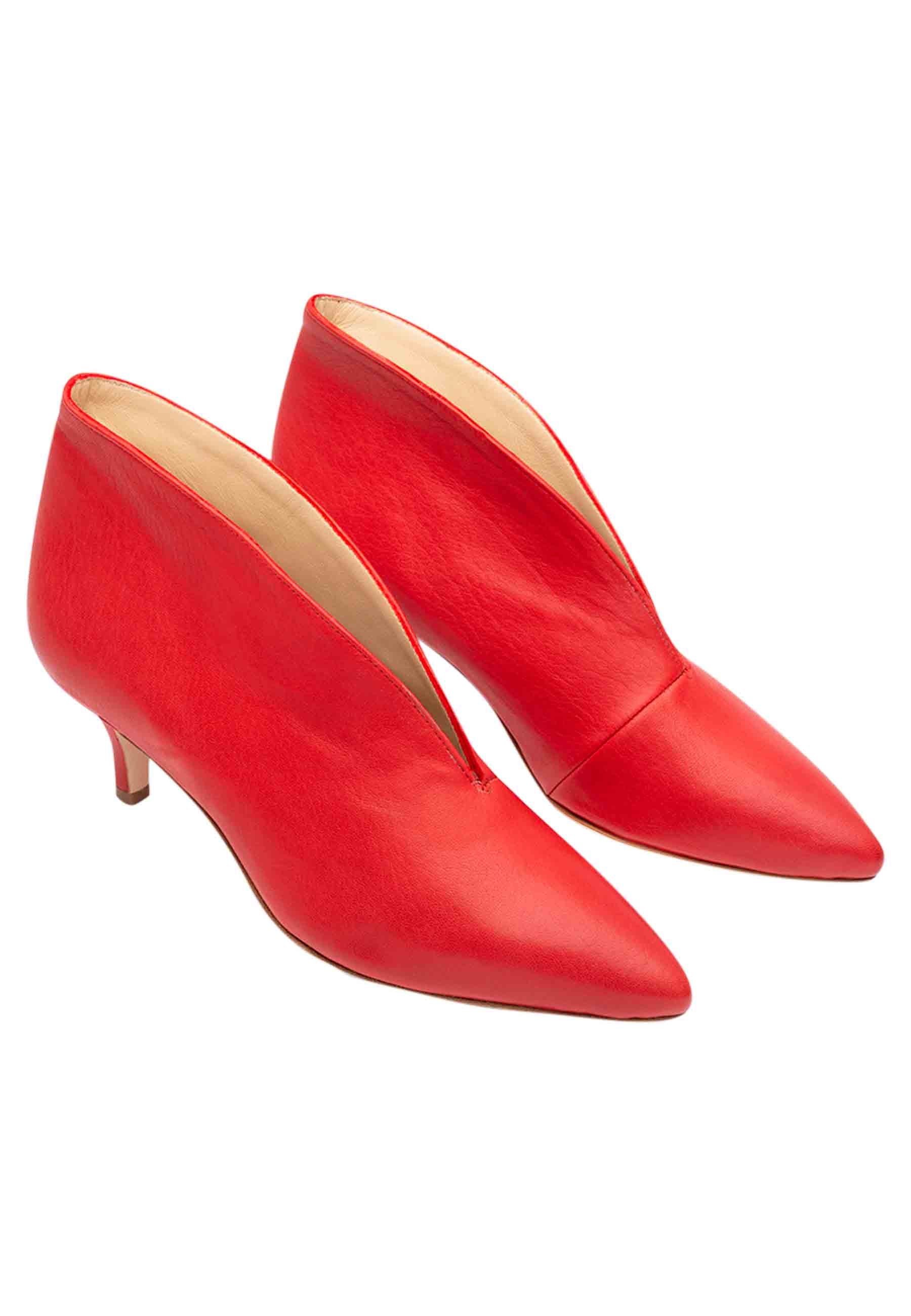Women's red leather ankle boots with low heel