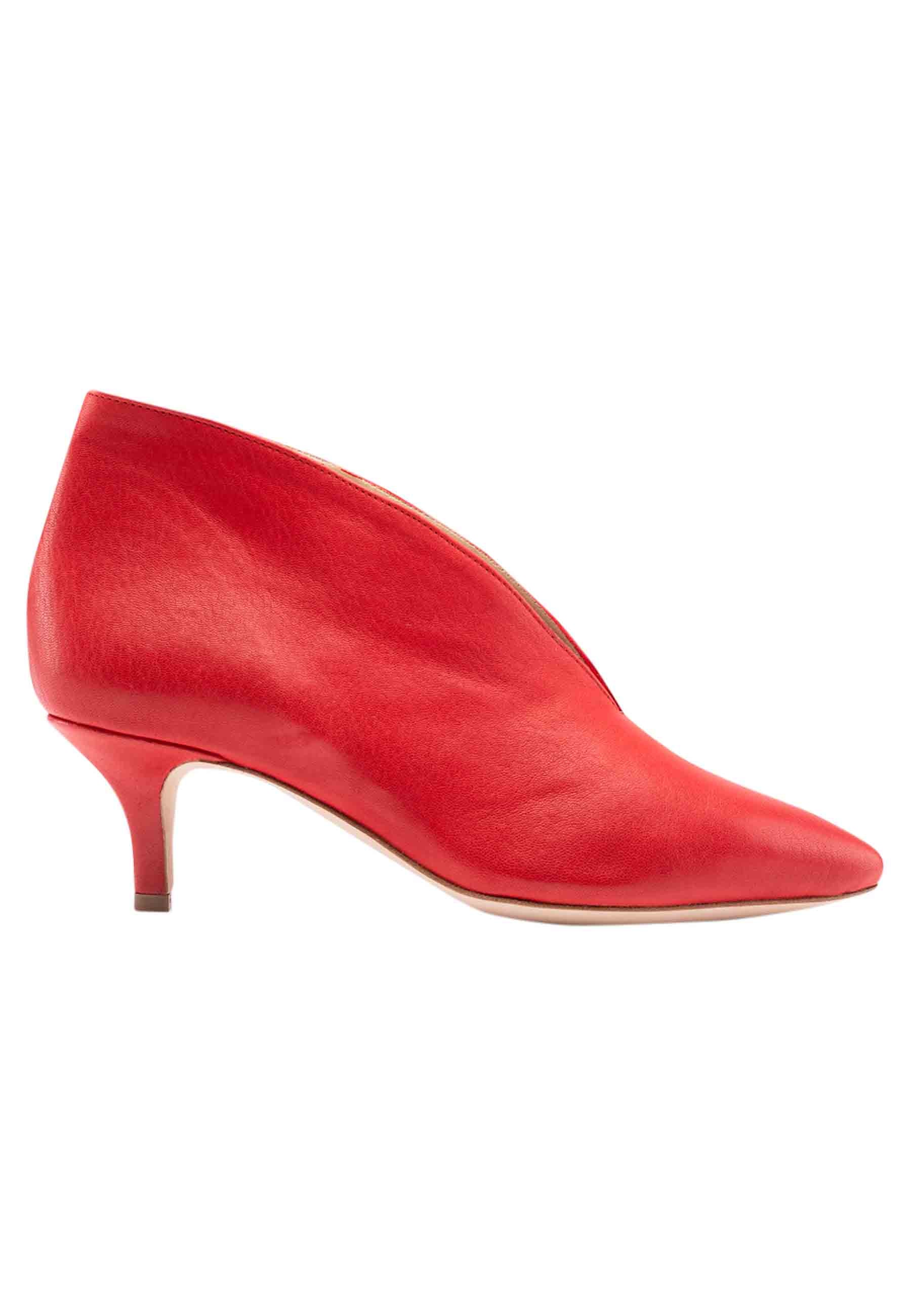 Women's red leather ankle boots with low heel