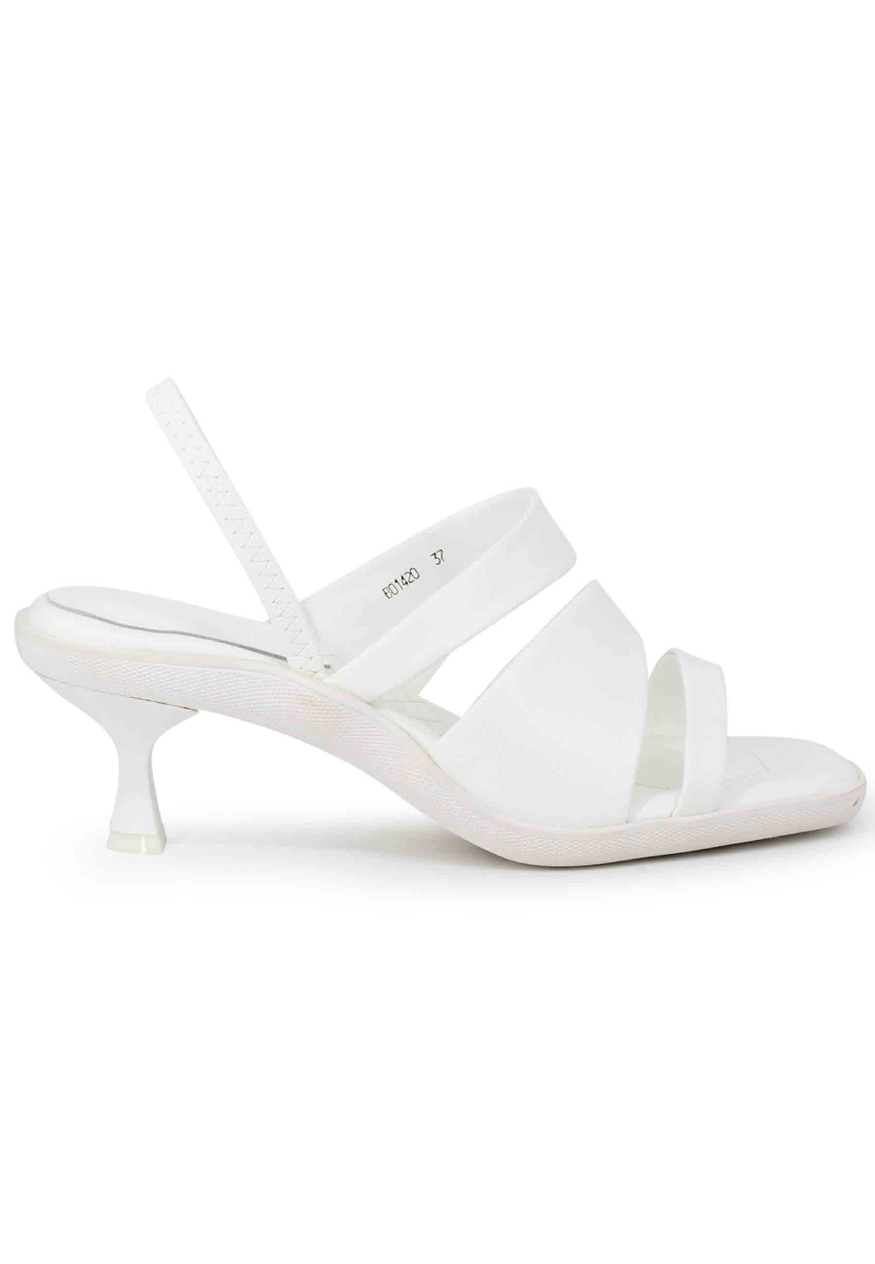 Women's slingbak sandals in white leather with rubber sole and colored heel