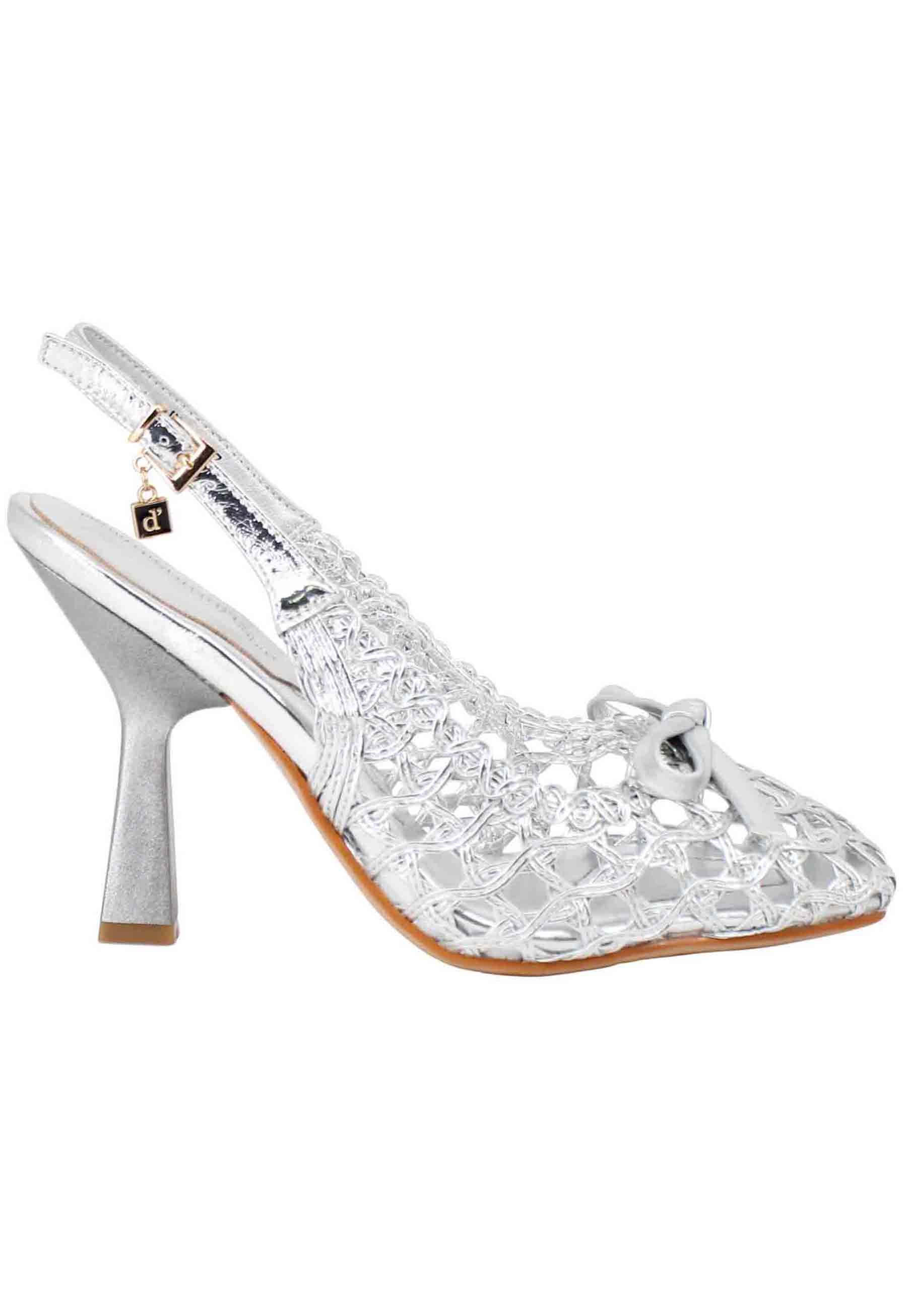 Spatarella Sandali slingback donna in pelle argento intrecciata tacco alto