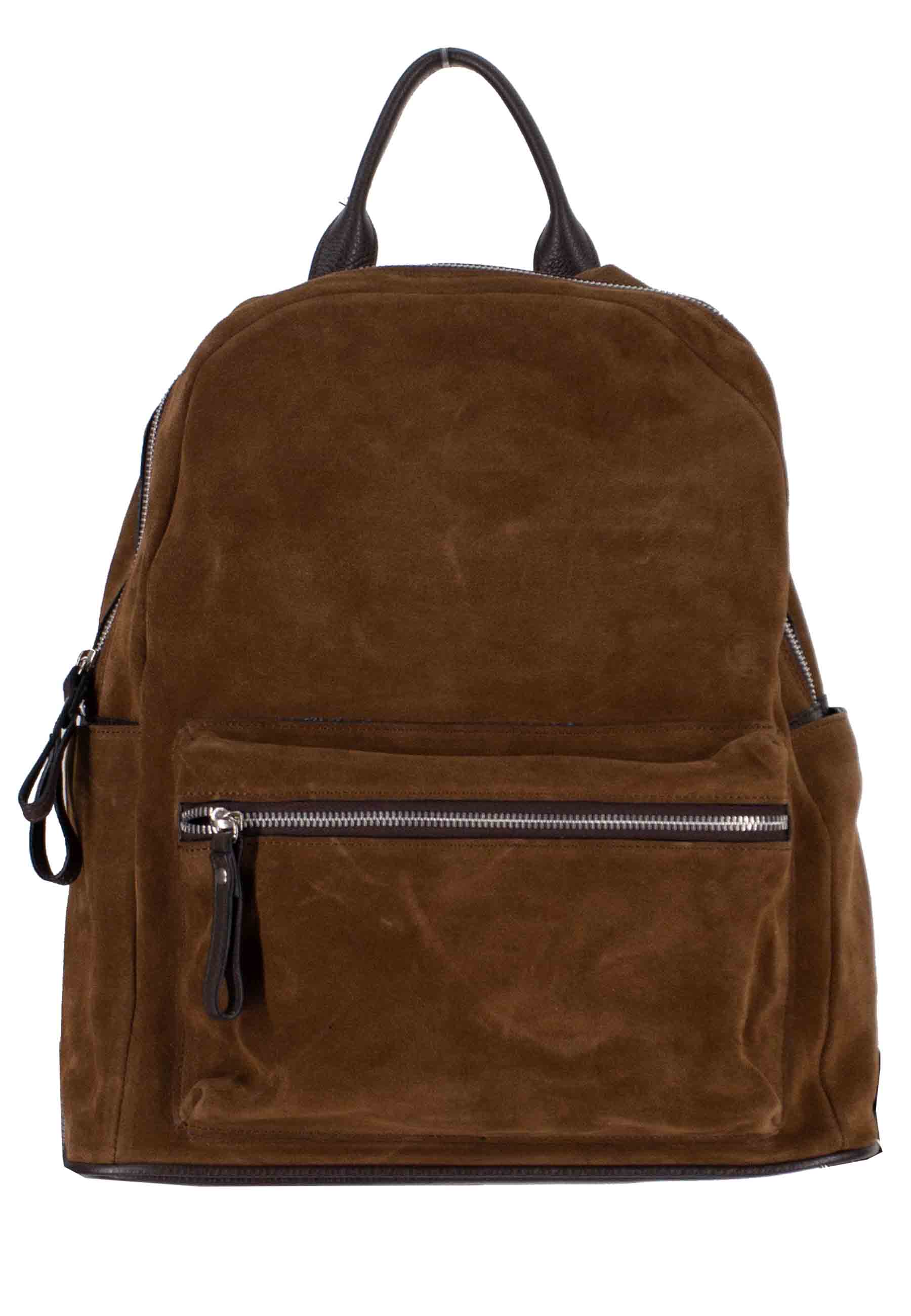 Men's backpack in brown suede with zip opening and leather shoulder straps