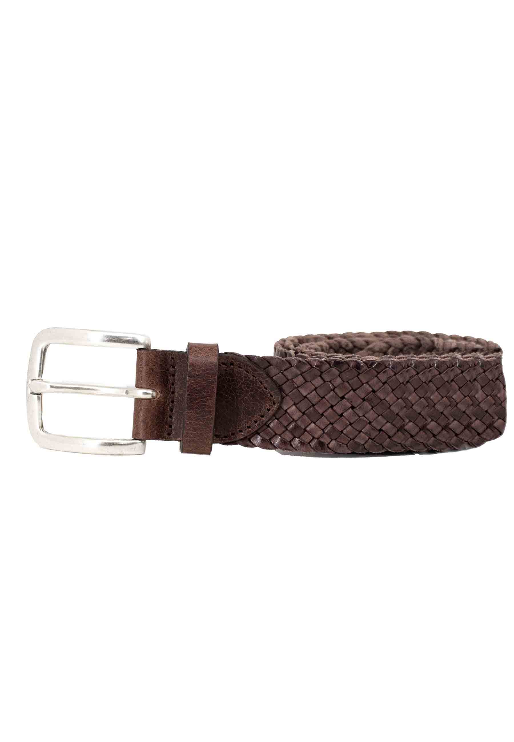 Men's belt in dark brown woven leather with silver buckle