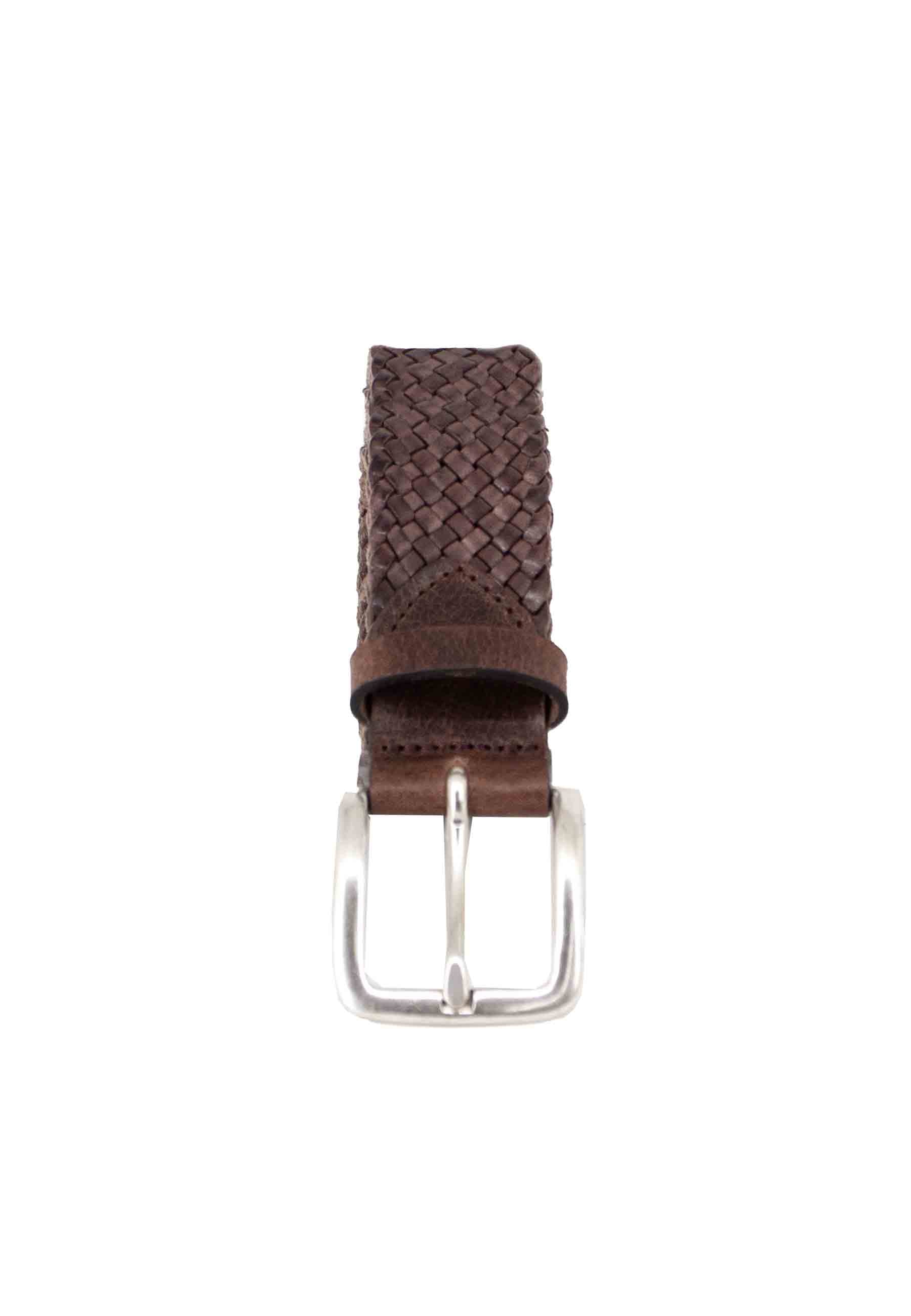 Men's belt in dark brown woven leather with silver buckle