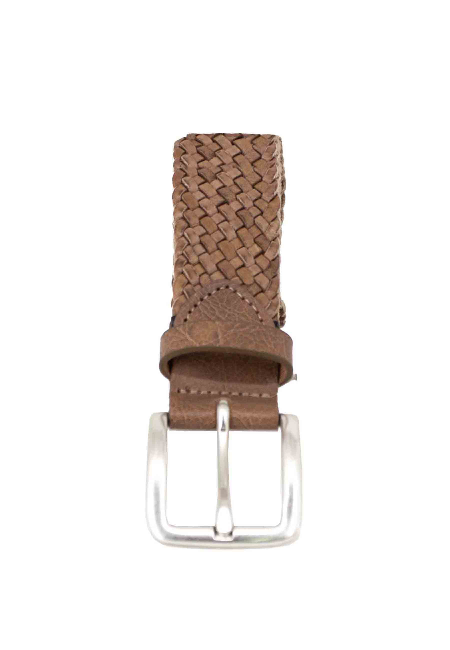 Men's taupe woven leather belt with silver buckle