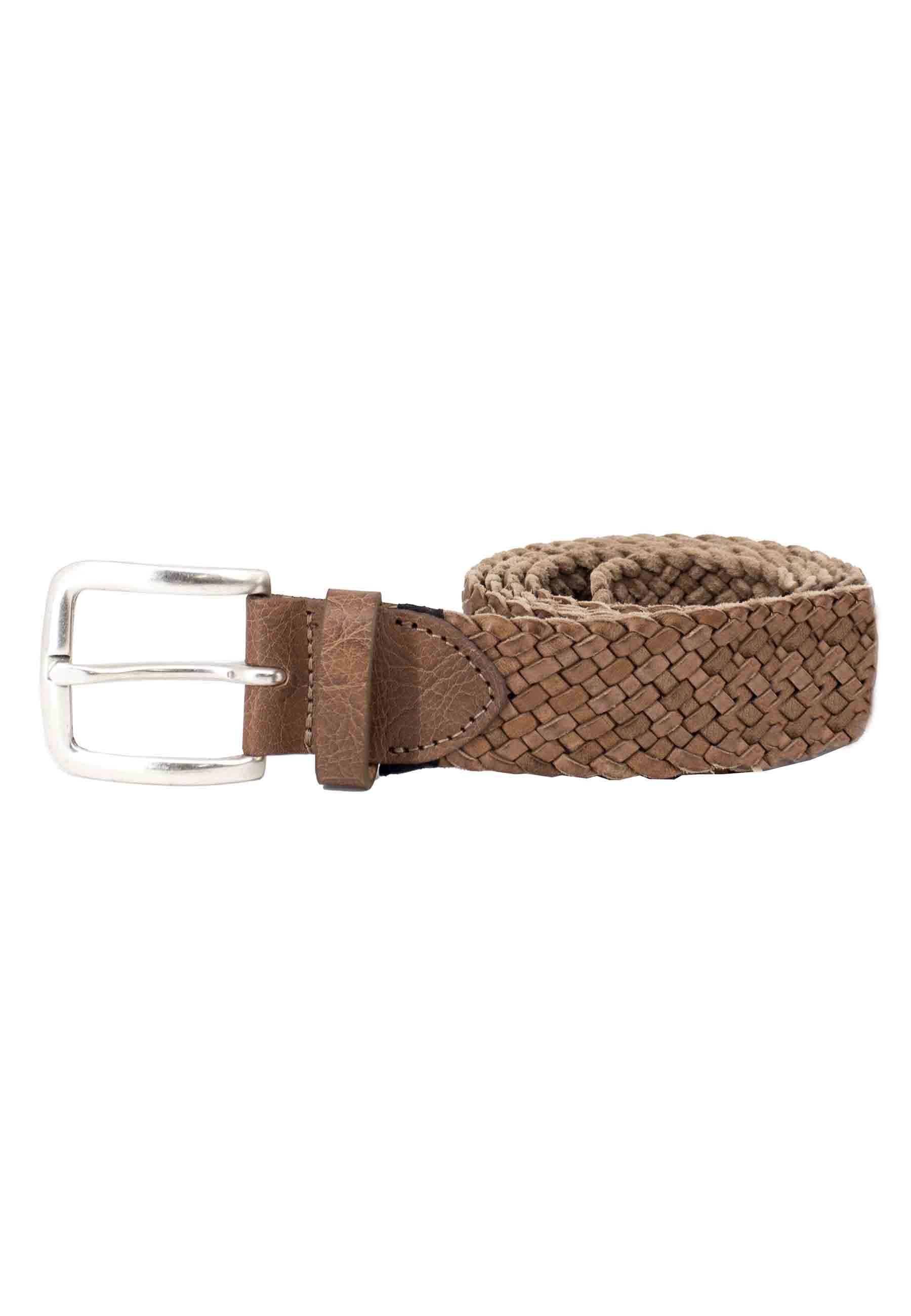 Men's taupe woven leather belt with silver buckle