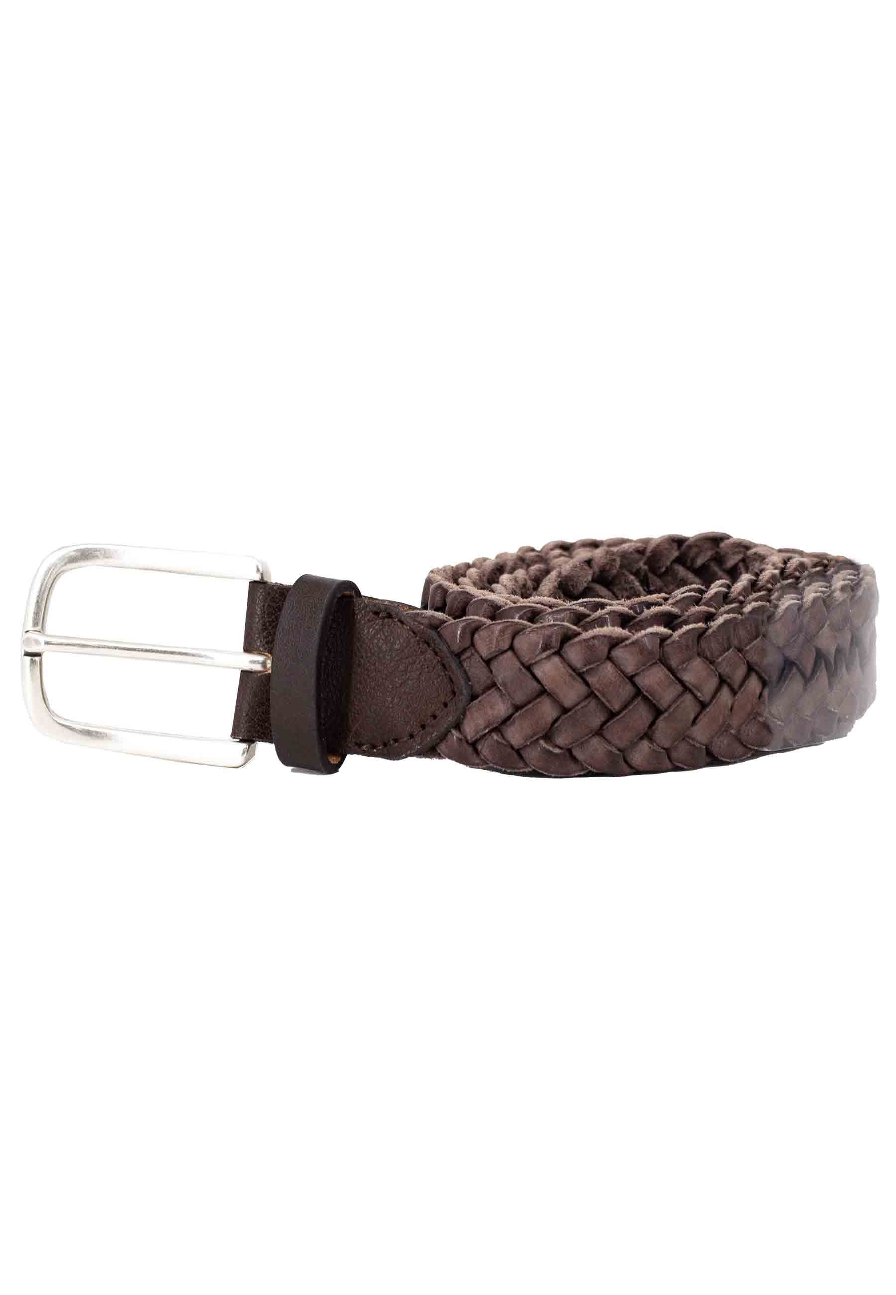 Men's belt in dark brown woven leather with silver buckle
