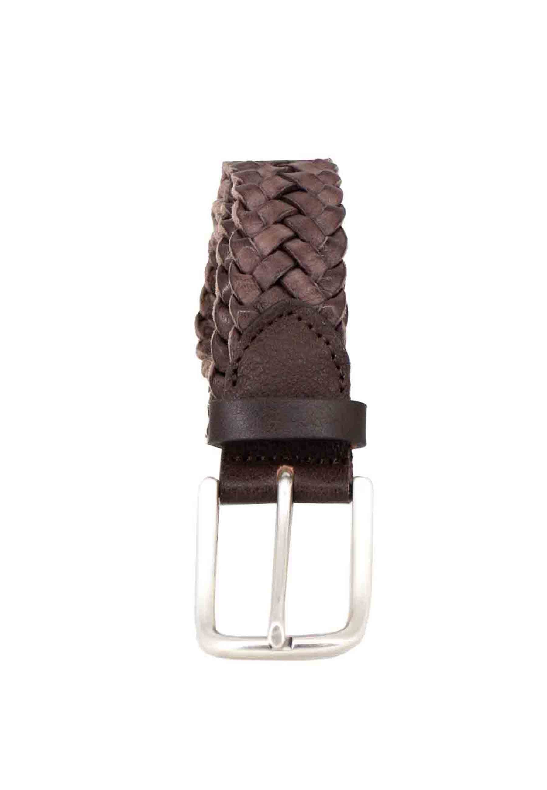 Men's belt in dark brown woven leather with silver buckle