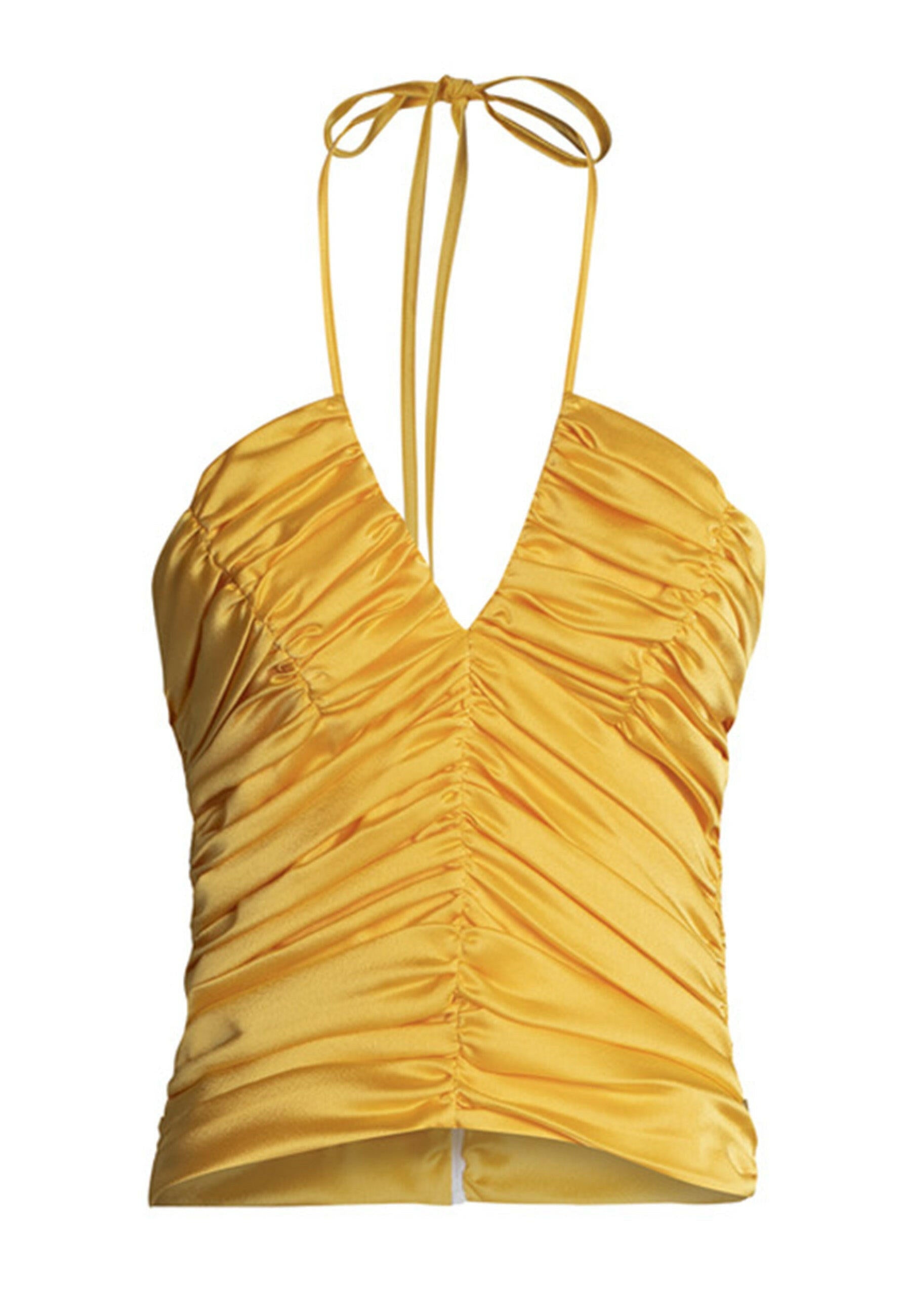 Short women's top in yellow fabric with central draping and V-neck
