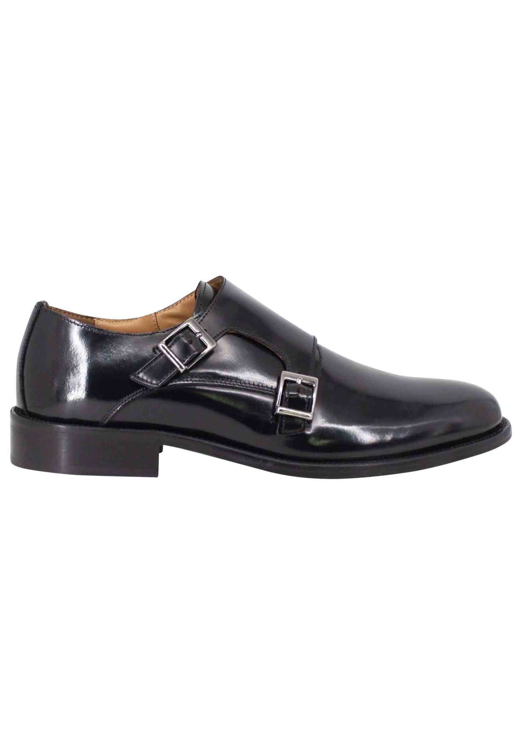 Men's diplomatic loafers in black shiny leather and stitched leather sole