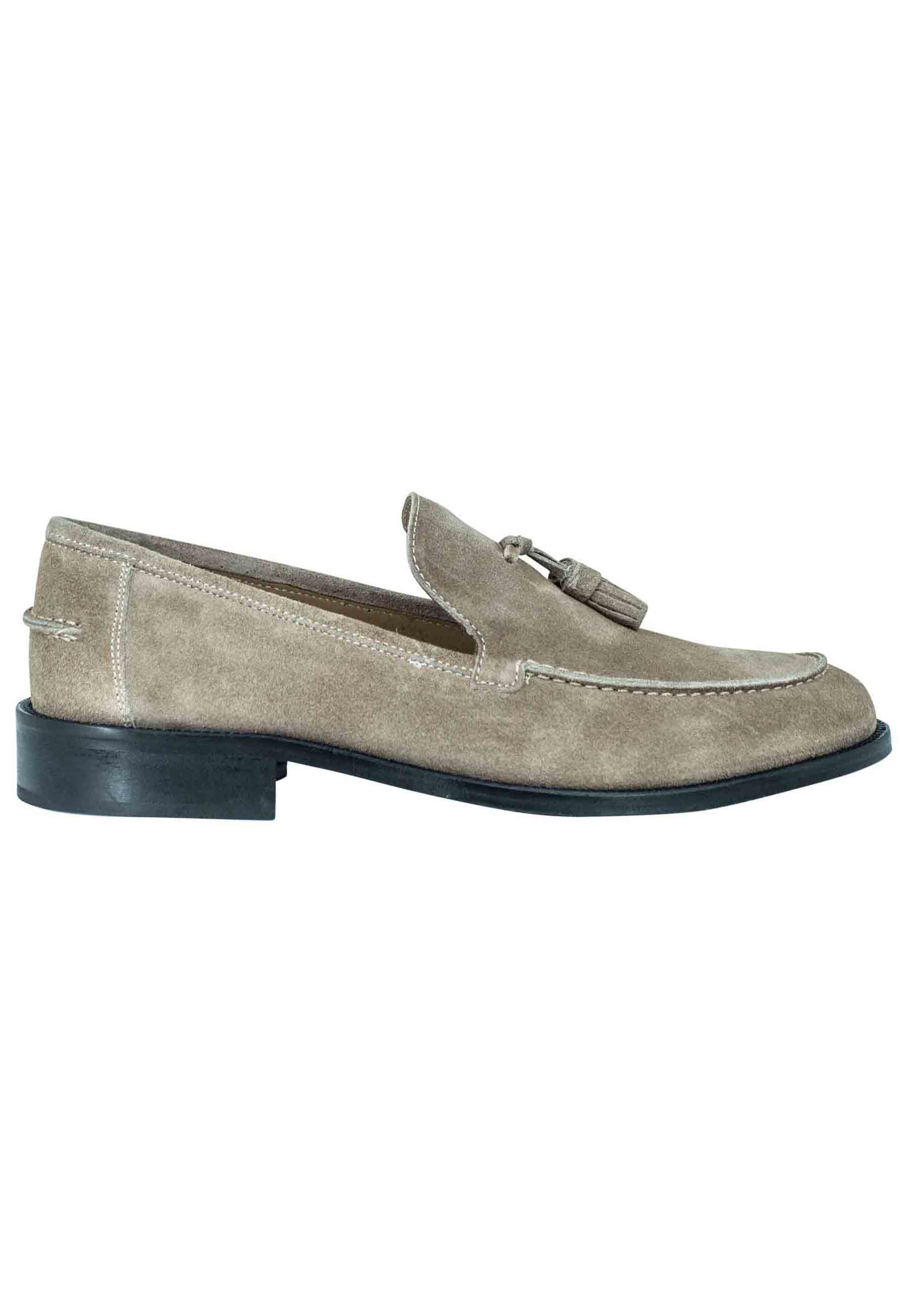 Men's moccasins in taupe suede with tassels and stitched leather sole