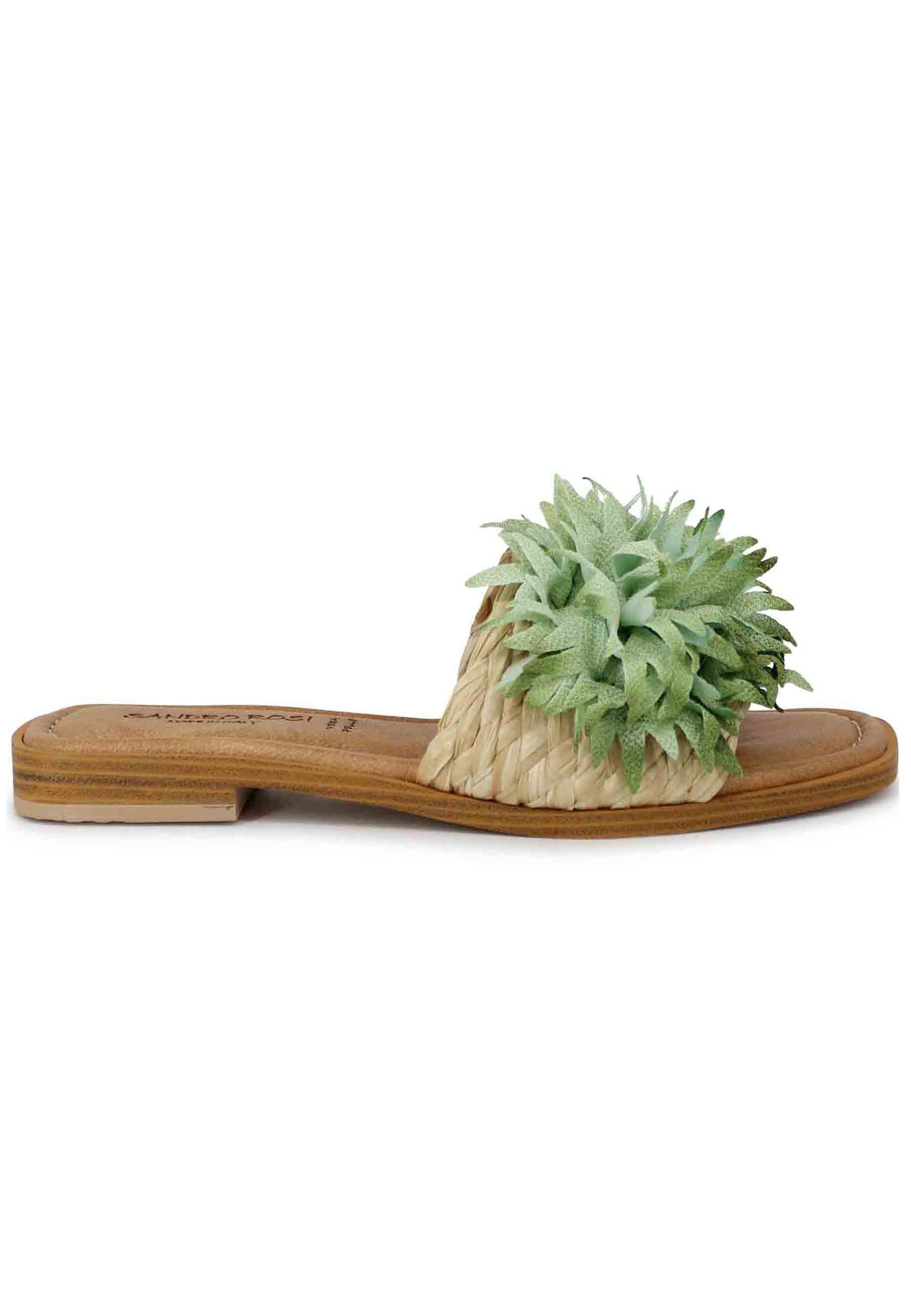 Women's flat sandals in natural fabric with green flower