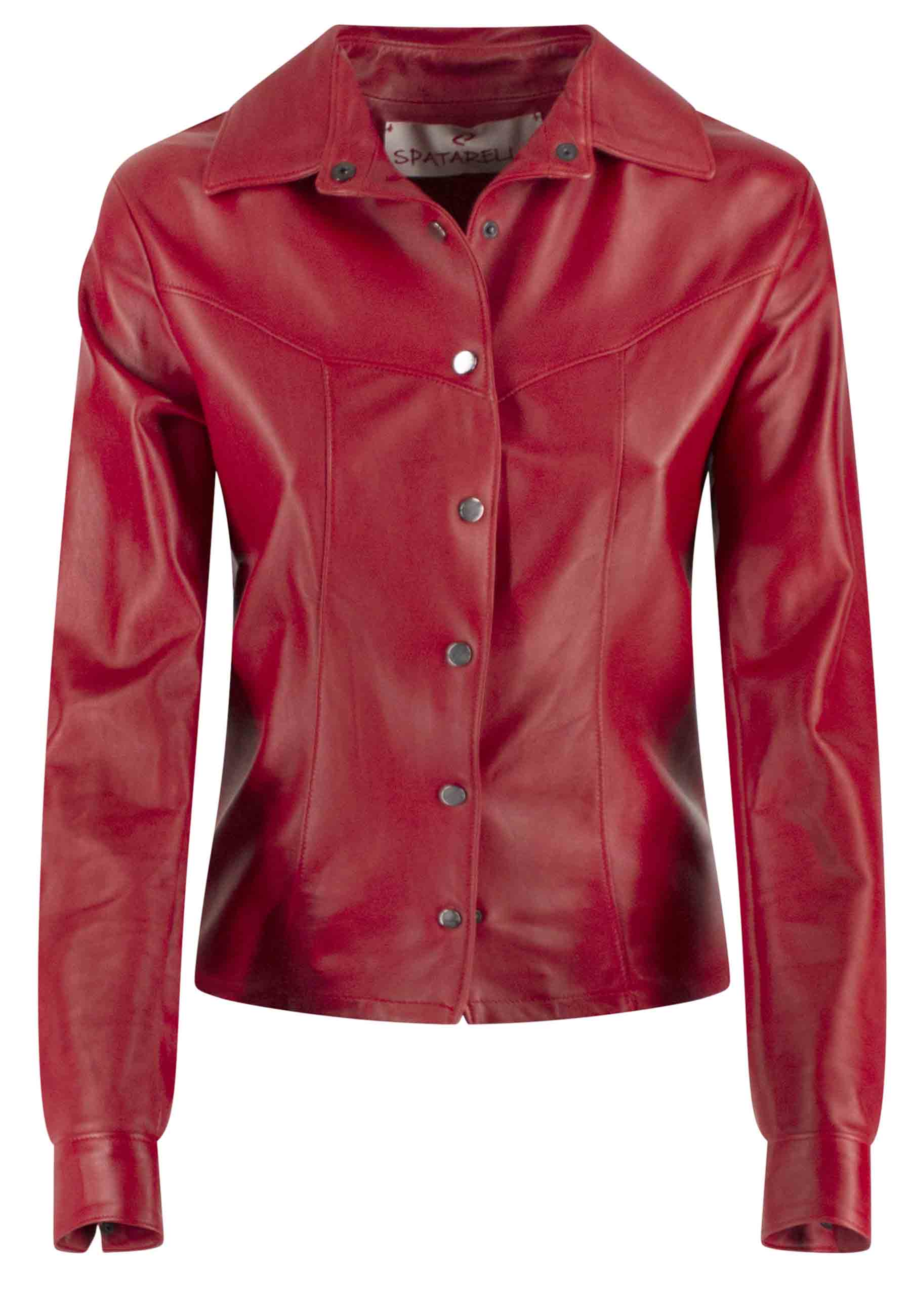 Women's red unlined leather shirt with long sleeves
