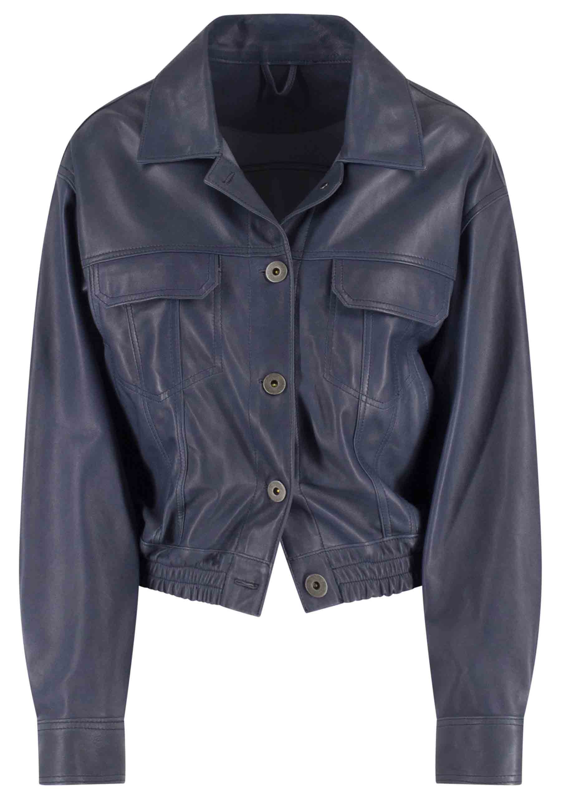 Women's short bomber jacket in unlined blue leather with elastic at the bottom