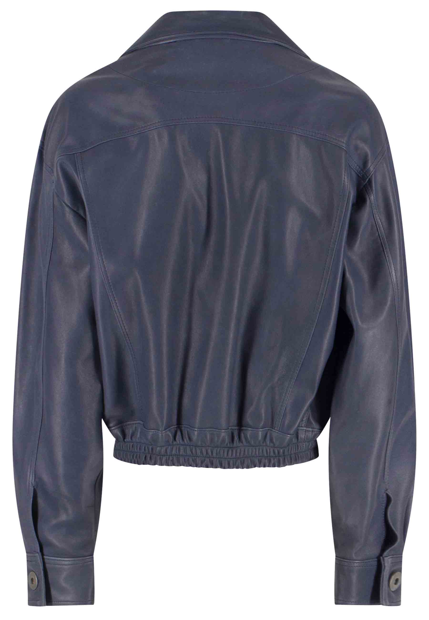 Women's short bomber jacket in unlined blue leather with elastic at the bottom